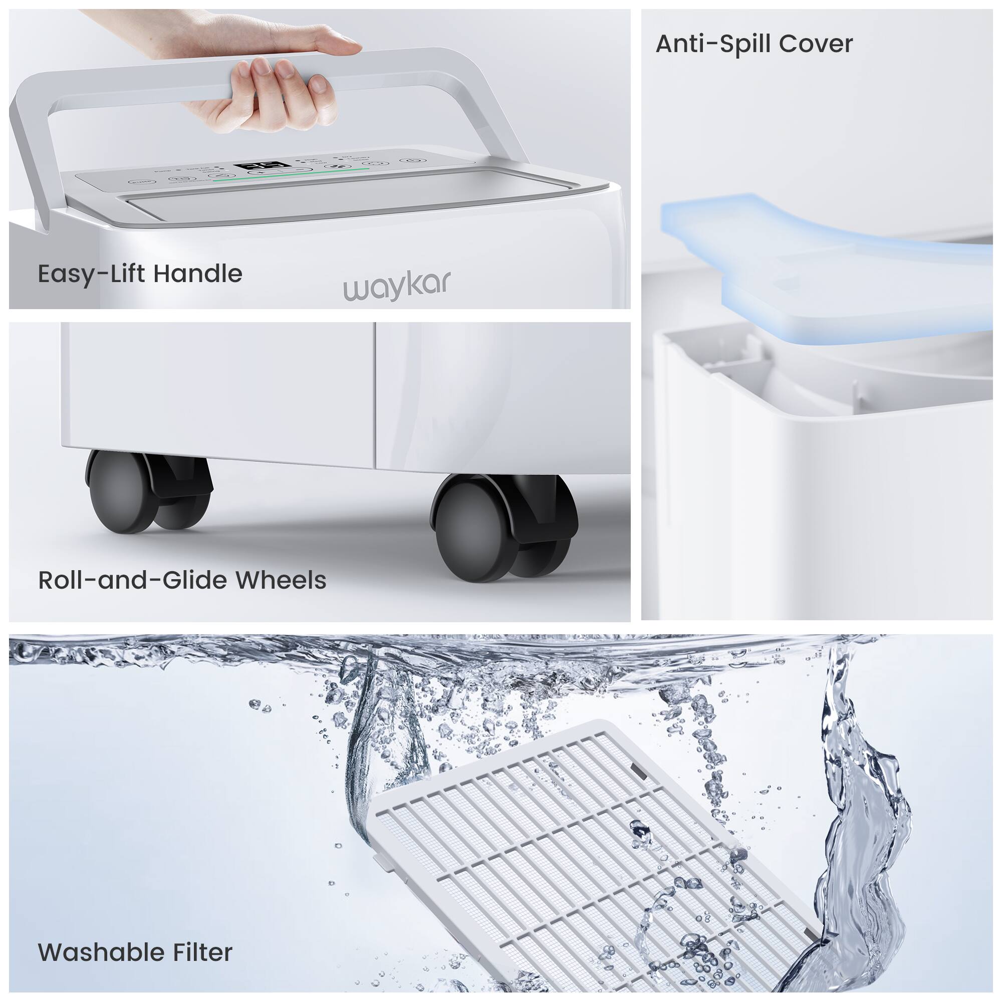 Anti-Spill Cover, Easy-Lift Handle, Roll-and-Glide Wheels, Washable Filter