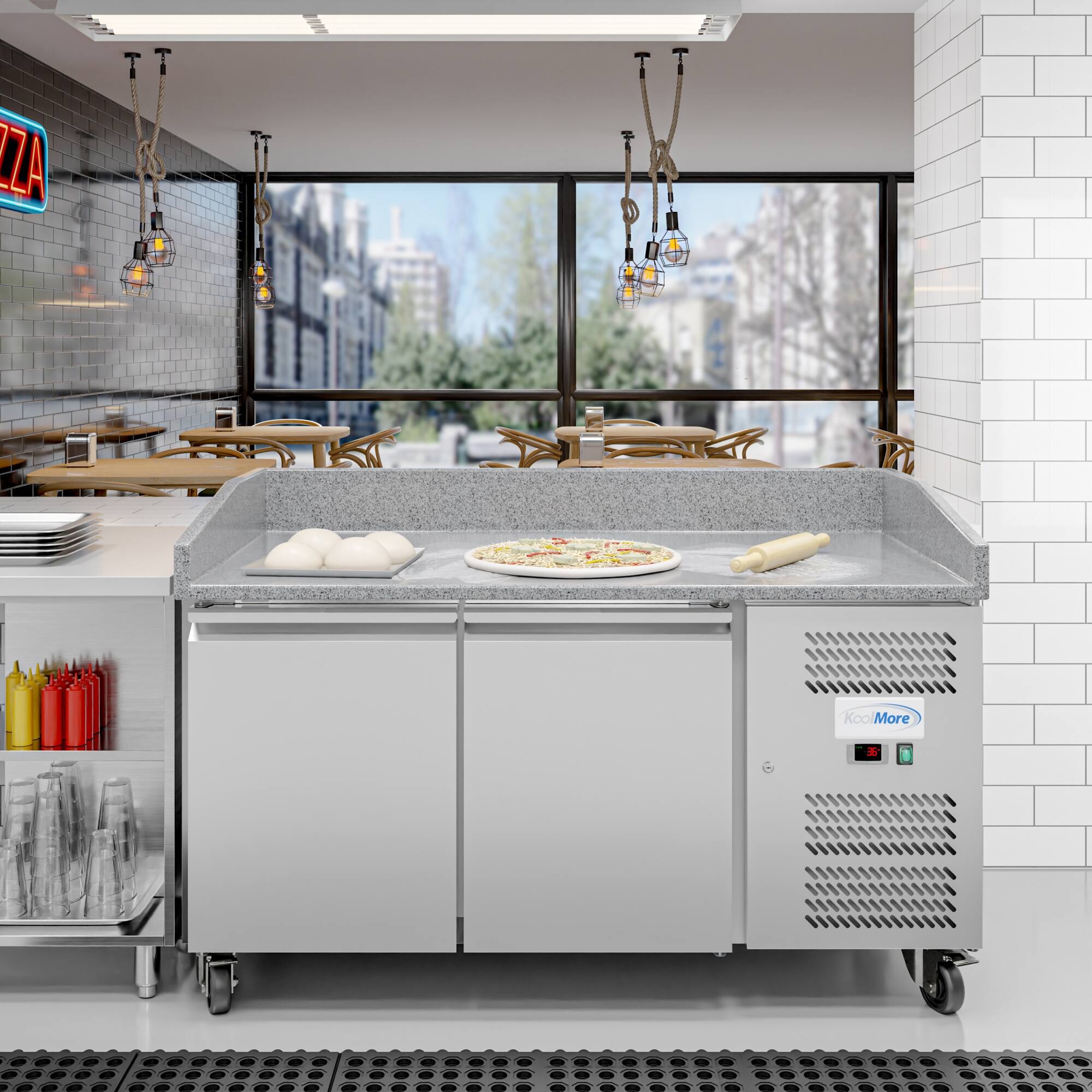 Angle. Koolmore - 59 in. Commercial Refrigerated Granite Top Pizza Prep Station in Stainless Steel (KM-RPPS-2D59-GRT) - Stainless-Steel.