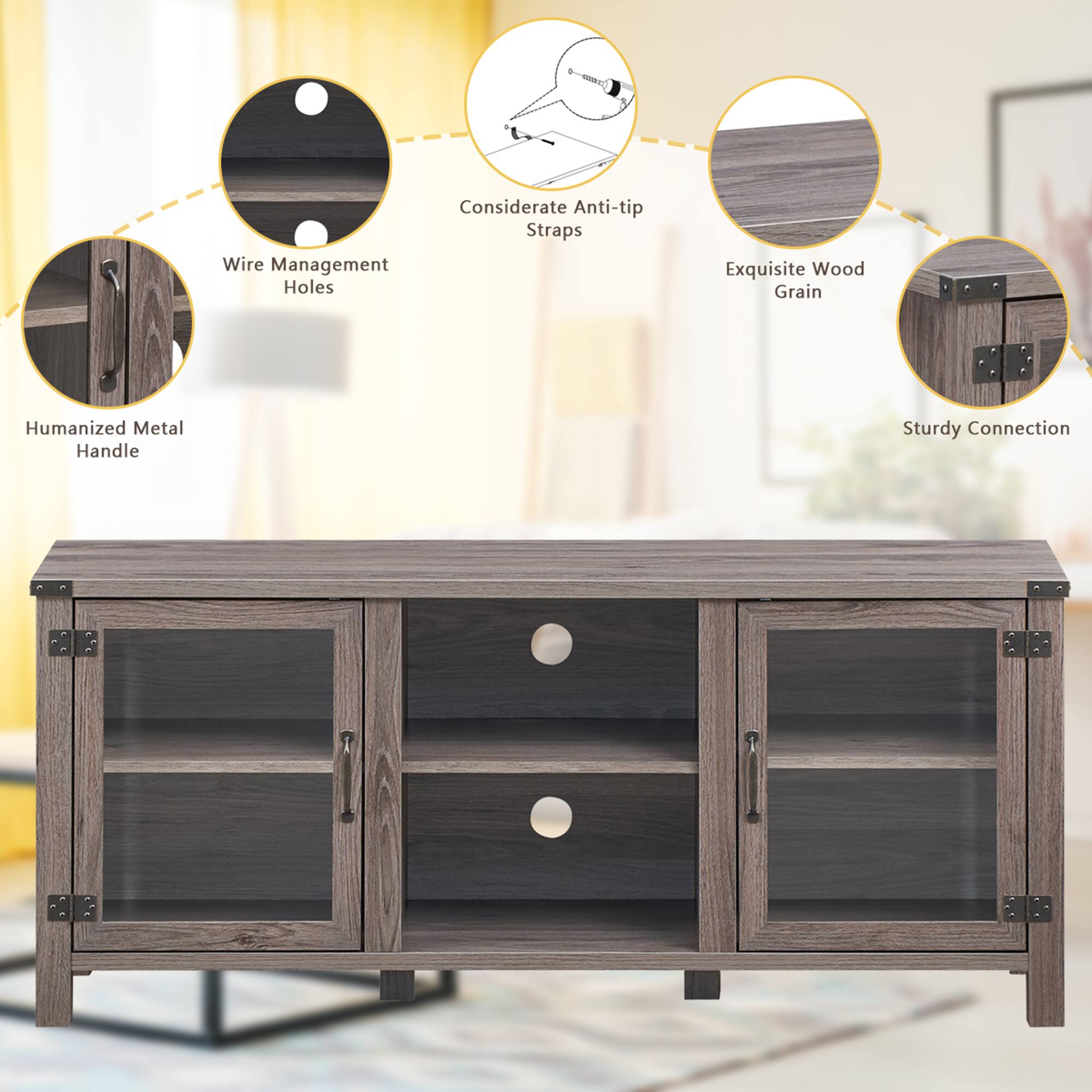 The image shows a wooden dresser with a humanized metal handle and a wire management system. The dresser also has anti-tip straps to ensure stability and prevent accidents. The exquisite wood grain adds a touch of elegance to the piece. The dresser is designed to be sturdy and provide a strong connection for the user.