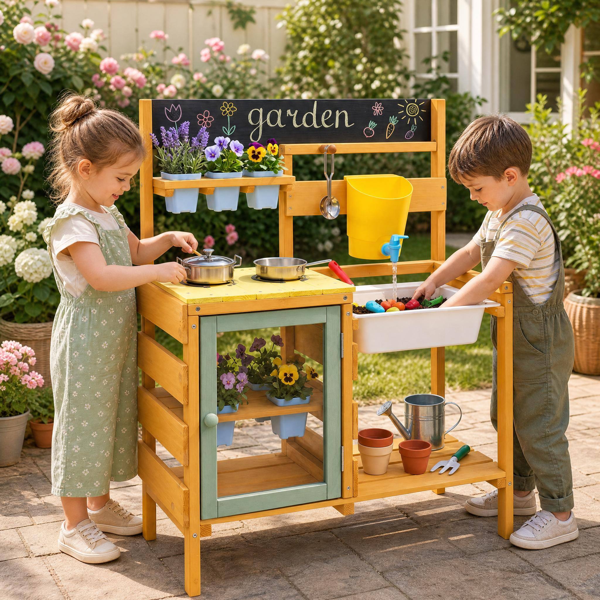 Alt View 1. Costway - Costway Kids Wooden Mud Kitchen with 14 Accessories, 2 Stoves - Yellow.