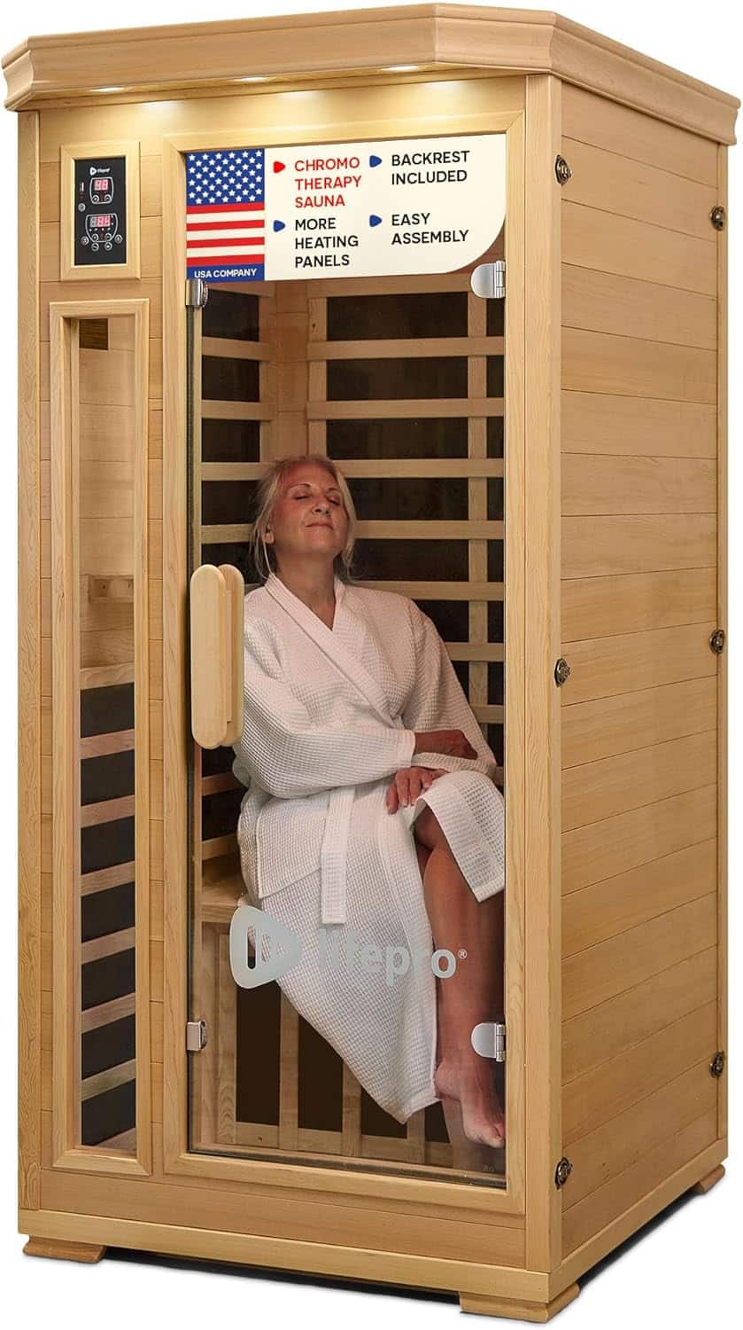 LifePro - 1 Person Infrared Sauna – Indoor Dry Sauna with Glass Door, Chromotherapy, Bluetooth & Oxygen Ionizer - Brown price history on PriceWatchPro