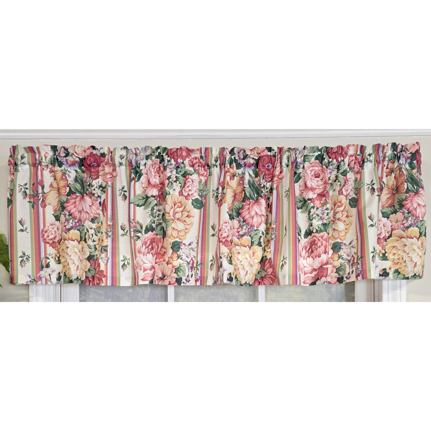 Left. RLF Home - RLF Home 100% Cotton Flower Lane Tailored  Unlined Windows Rod Pocket Valance 68" x 13"  Multi - Multi.