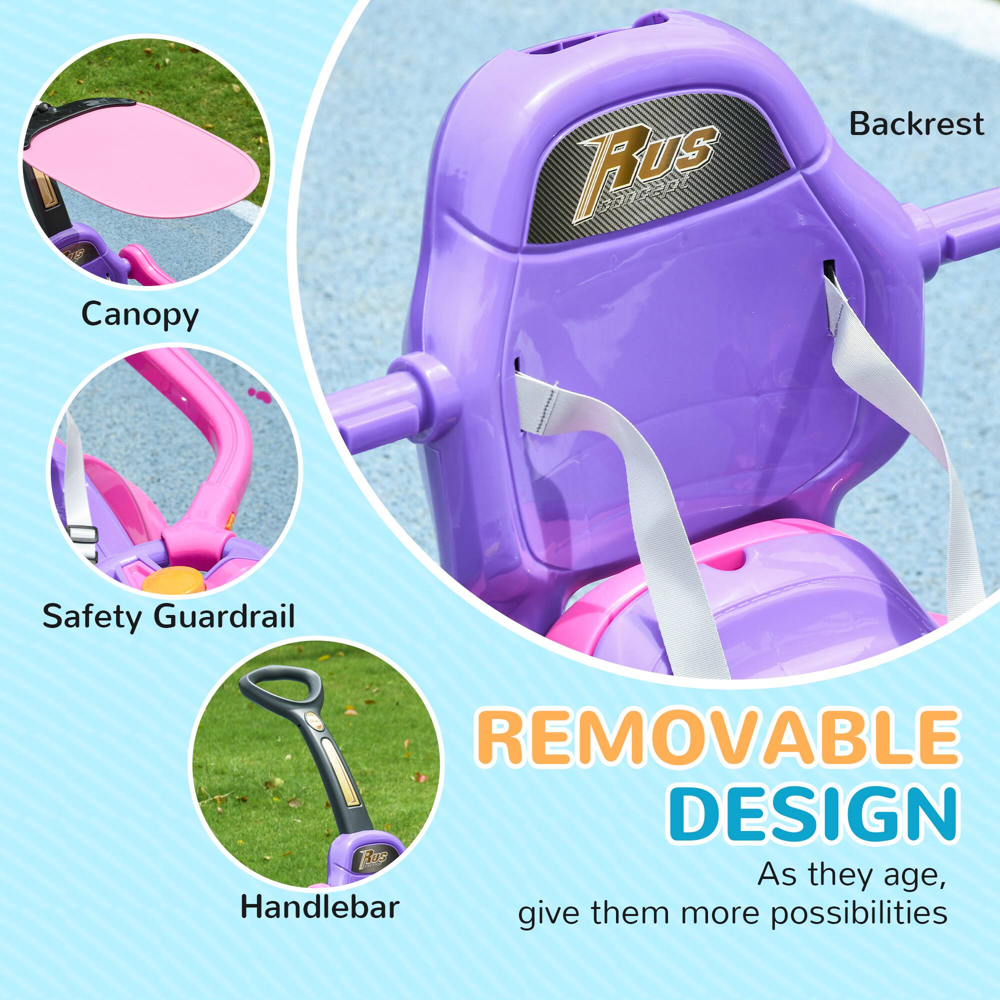 Canopy  
Backrest  
Safety Guardrail  
Handlebar  

REMOVABLE DESIGN  
As they age, give them more possibilities