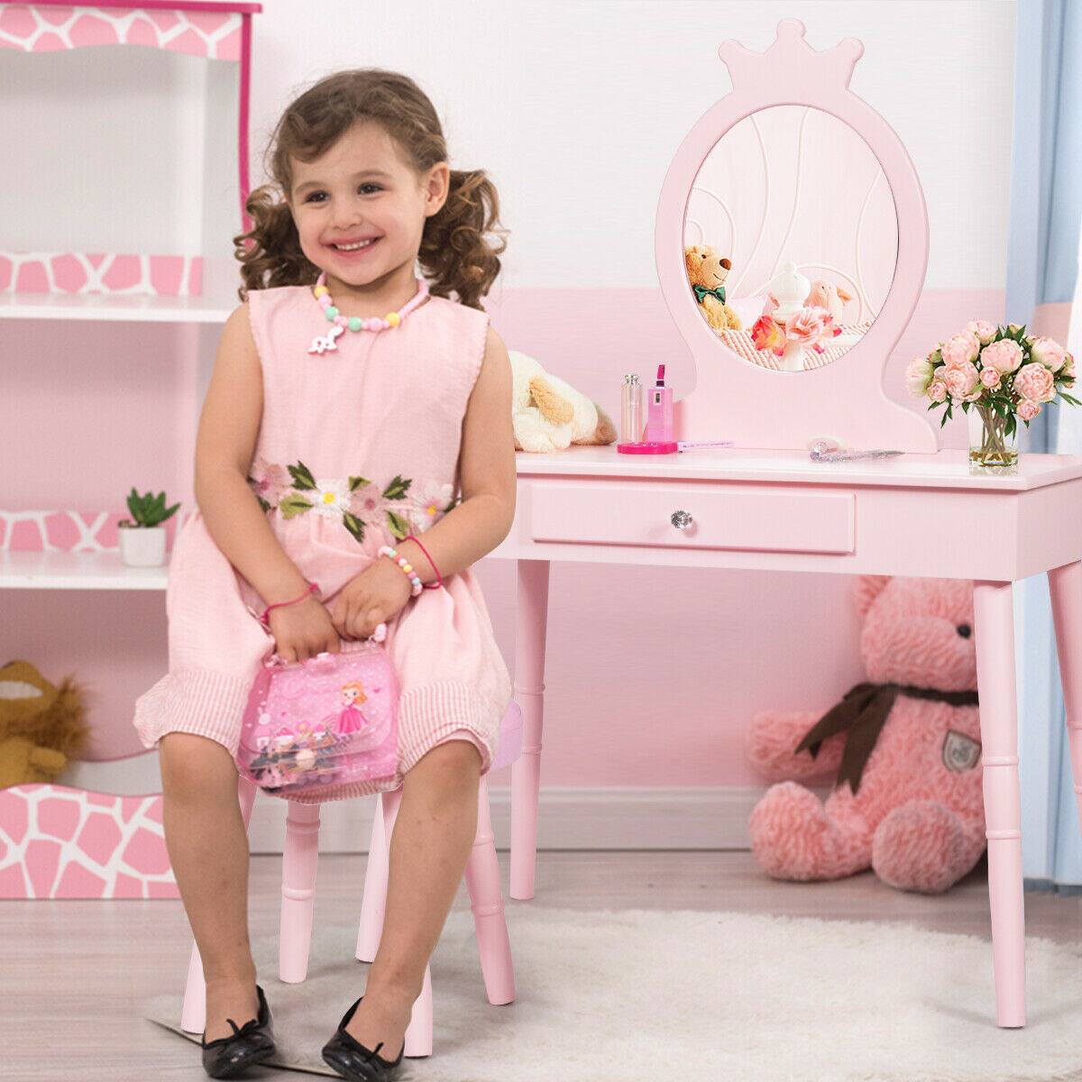 Alt View 3. Costway - Costway Kids Vanity Makeup Table & Chair Set Make Up Stool Play Set for Children - Pink.
