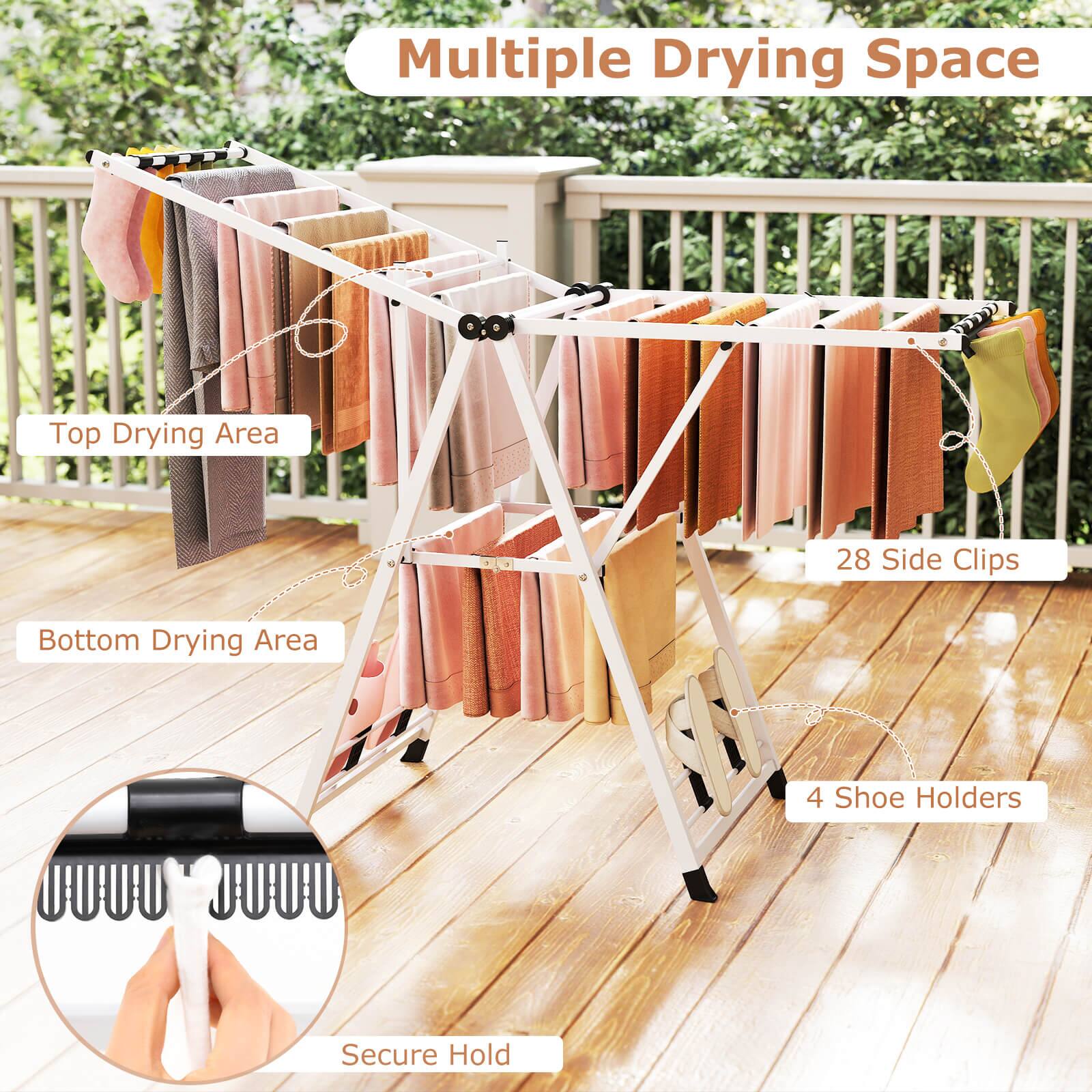 Multiple Drying Space

Top Drying Area

Bottom Drying Area

28 Side Clips

4 Shoe Holders

Secure Hold