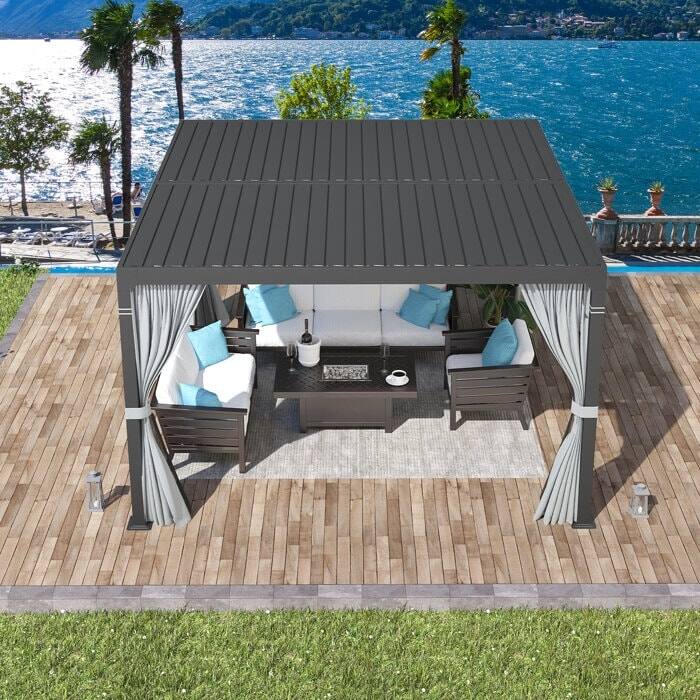 Angle. U-HOMY - 10 Ft. W x 10 Ft. D Aluminum Patio Metal Pergola with Adjustable Louver Roof - Black.