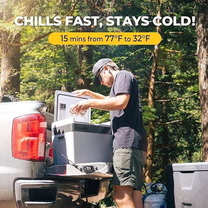 CHILLS FAST, STAYS COLD!  
15 mins from 77°F to 32°F  
BougeRV