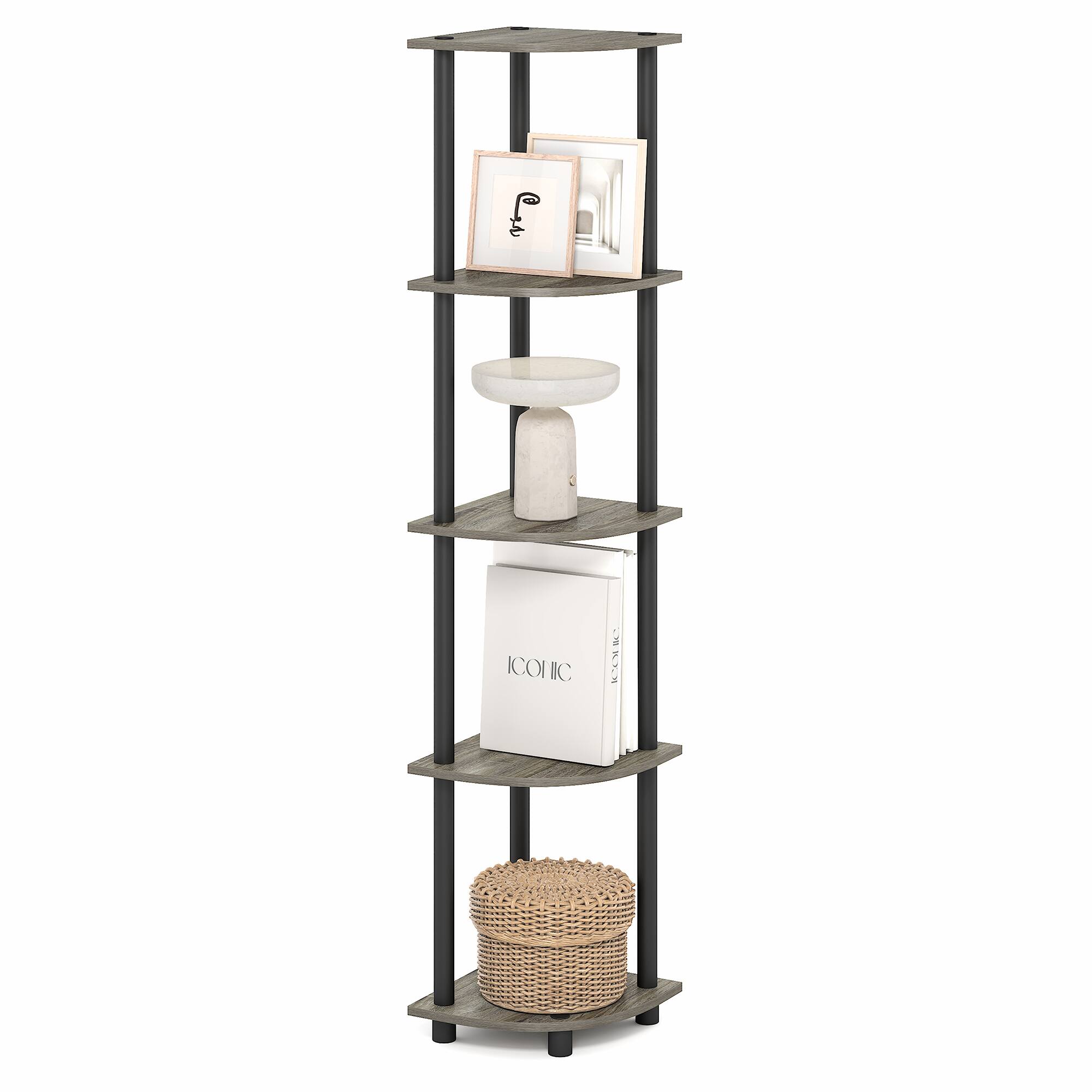 Front. Furinno - TURN-N-TUBE 5 Tier Corner Shelf, Corner Bookshelf, Display Shelf for Living Room, Bedroom - Grey Oak/Black.