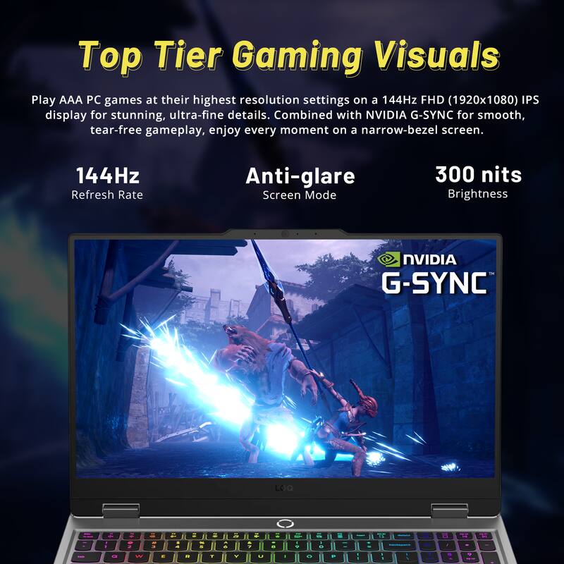 Top Tier Gaming Visuals

Play AAA PC games at their highest resolution settings on a 144Hz FHD (1920x1080) IPS display for stunning, ultra-fine details. Combined with NVIDIA G-SYNC for smooth, tear-free gameplay, enjoy every moment on a narrow-bezel screen.

144Hz Refresh Rate  
Anti-glare Screen Mode  
300 nits Brightness  
NVIDIA G-SYNC