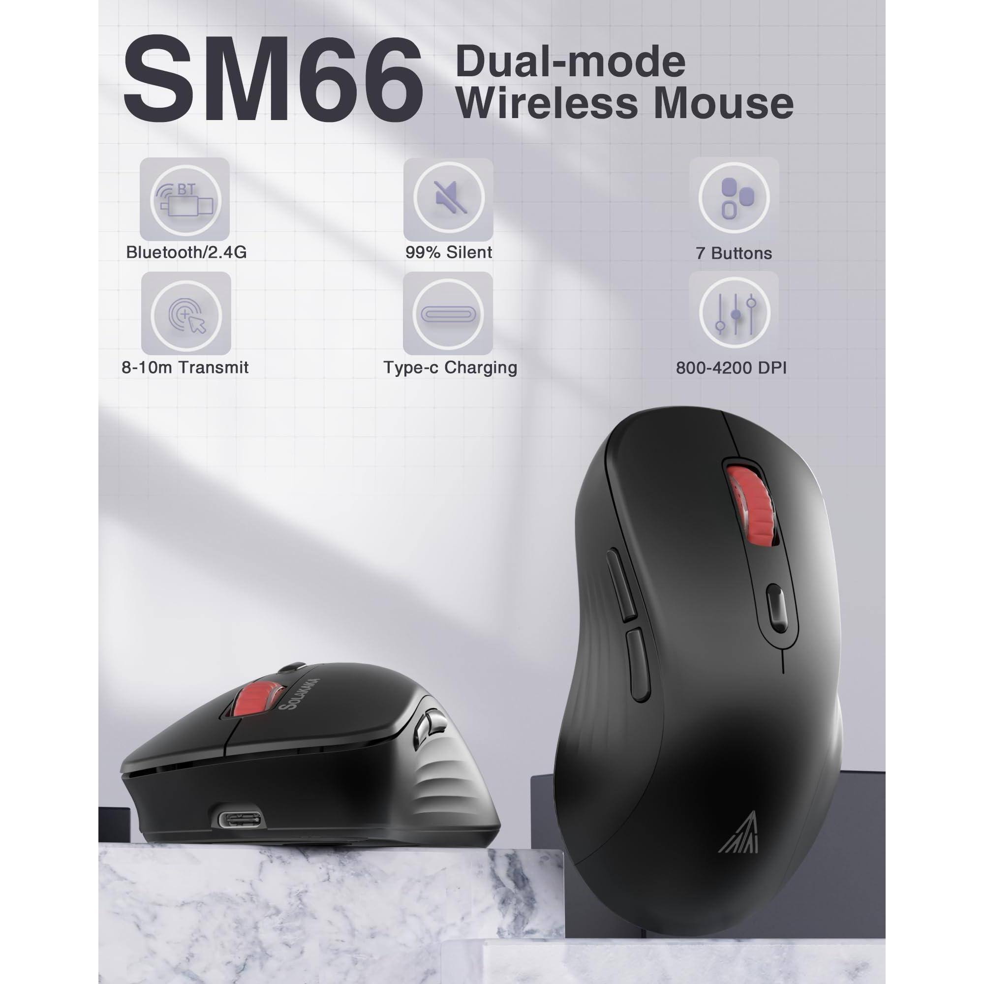 SM66 Dual-mode Wireless Mouse

- Bluetooth/2.4G
- 99% Silent
- 7 Buttons
- 8-10m Transmit
- Type-c Charging
- 800-4200 DPI
