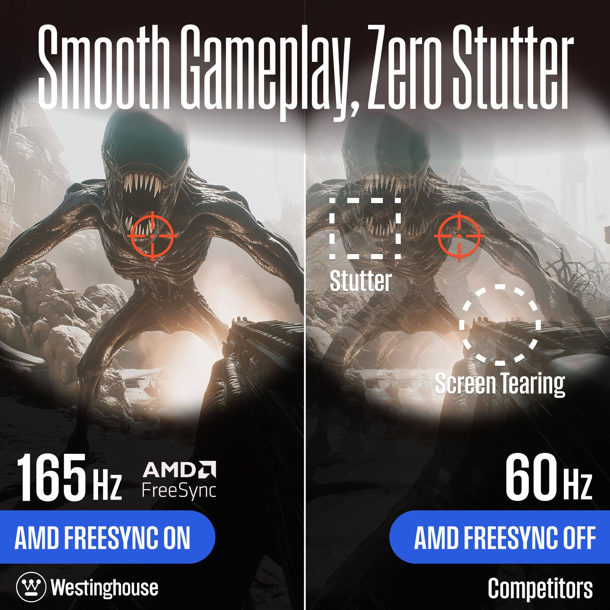 Smooth Gameplay, Zero Stutter, Stutter Screen Tearing, 165 Hz, AMD FreeSync, AMD FreeSync ON, 60 Hz, AMD FreeSync OFF, Westinghouse Competitors.