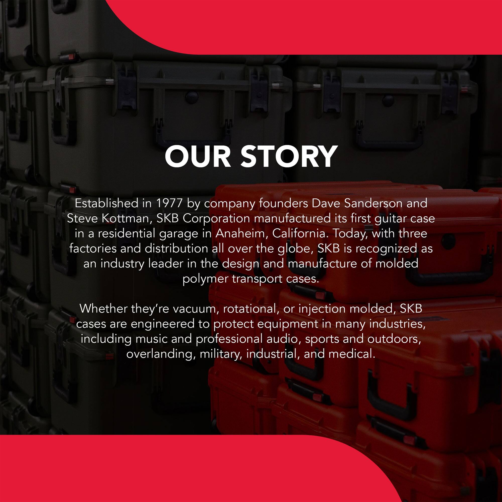 **OUR STORY**

Established in 1977 by company founders Dave Sanderson and Steve Kottman, SKB Corporation manufactured its first guitar case in a residential garage in Anaheim, California. Today, with three factories and distribution all over the globe, SKB is recognized as an industry leader in the design and manufacture of molded polymer transport cases.

Whether they're vacuum, rotational, or injection molded, SKB cases are engineered to protect equipment in many industries, including music and professional audio, sports and outdoors, overlanding, military, industrial, and medical.