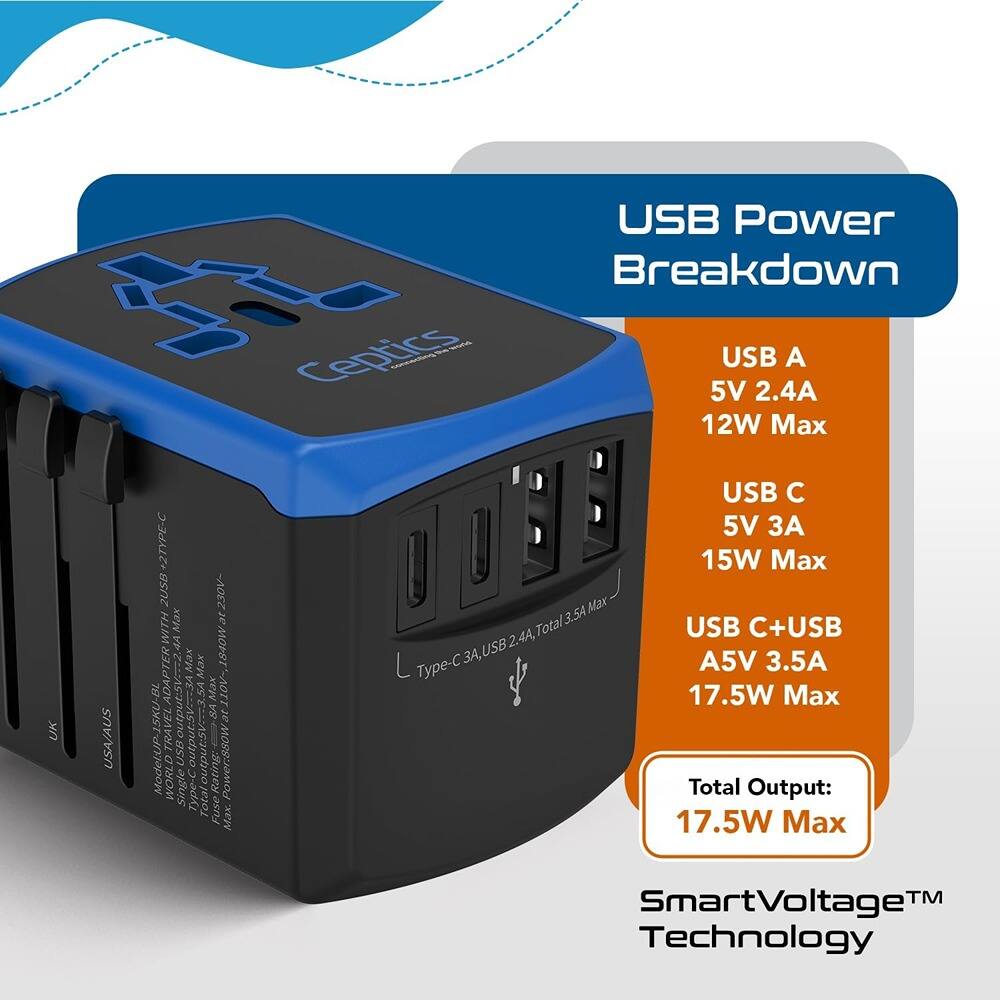 USB Power Breakdown

- USB A: 5V 2.4A, 12W Max
- USB C: 5V 3A, 15W Max
- USB C+USB A: 5V 3.5A, 17.5W Max

Total Output: 17.5W Max

SmartVoltage™ Technology