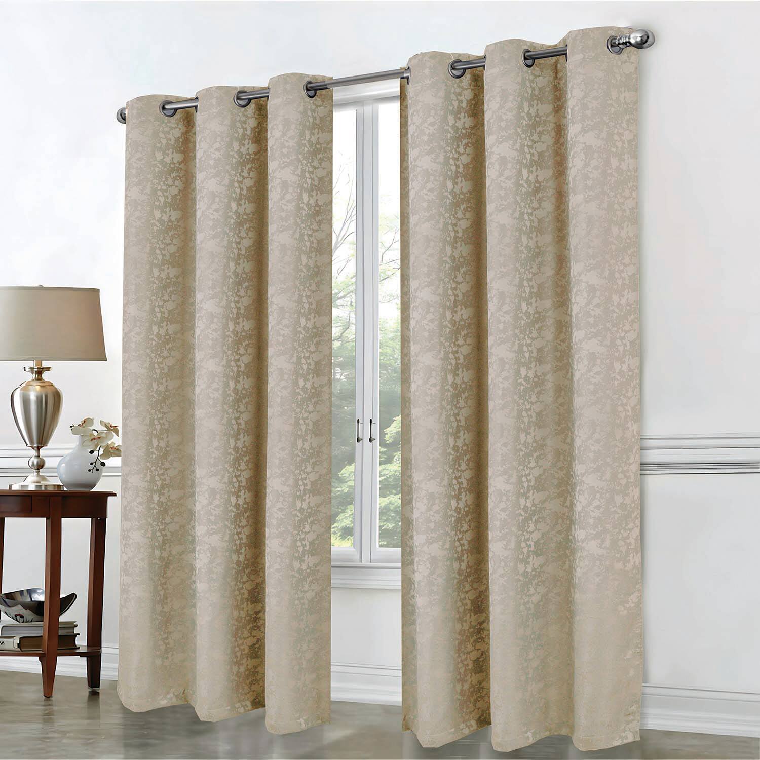 Angle. RT Designers Collection - RT Designer Collection Calypso Shimmer Jacquard 2 Pack Grommet Curtain Panel Pair 36" x 84" Taupe - Taupe.