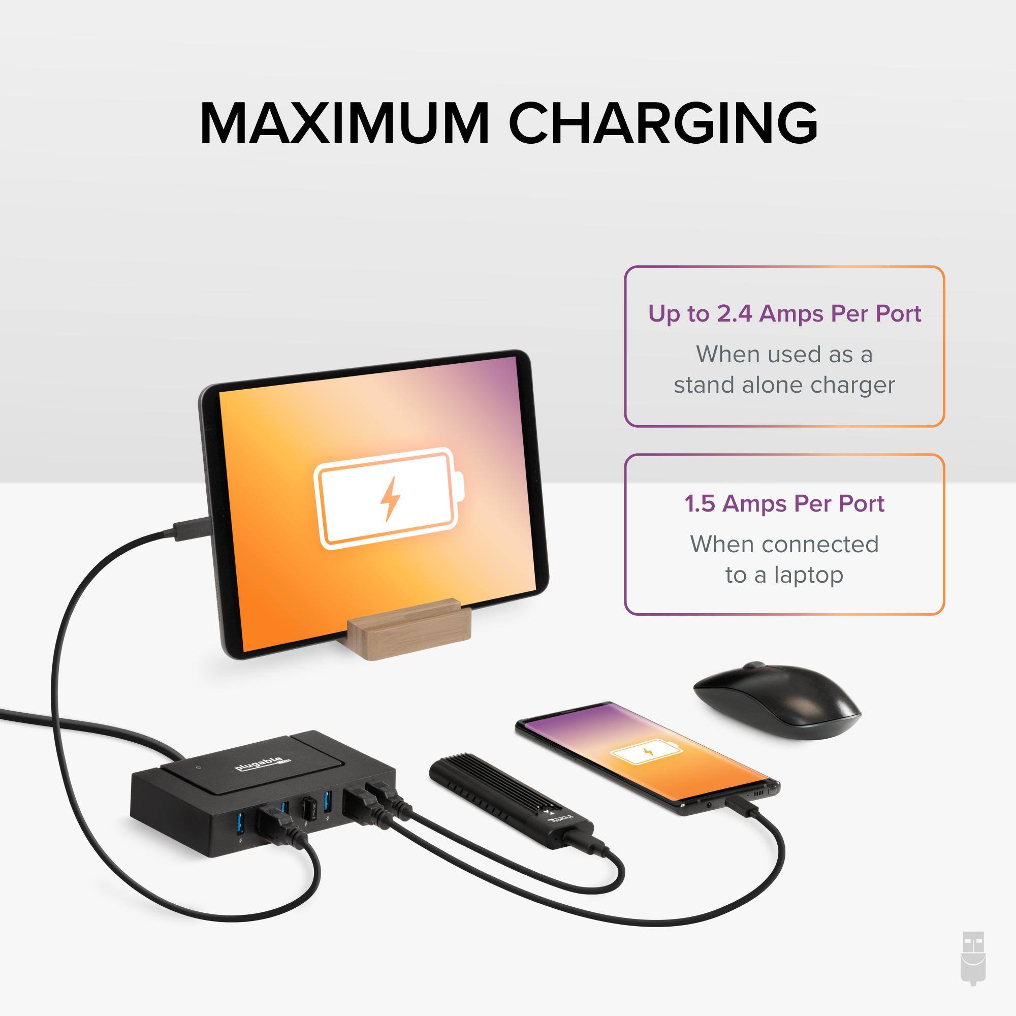 MAXIMUM CHARGING

- Up to 2.4 Amps Per Port  
  When used as a stand alone charger

- 1.5 Amps Per Port  
  When connected to a laptop