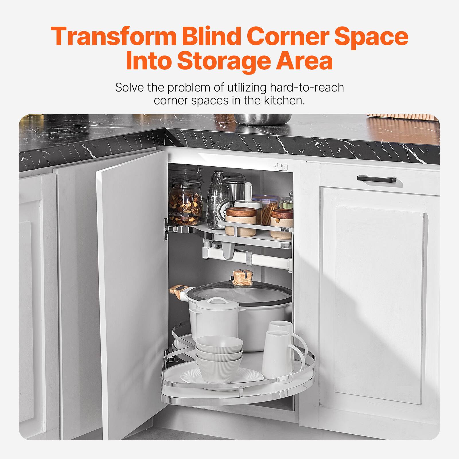 Transform Blind Corner Space Into Storage Area

Solve the problem of utilizing hard-to-reach corner spaces in the kitchen.