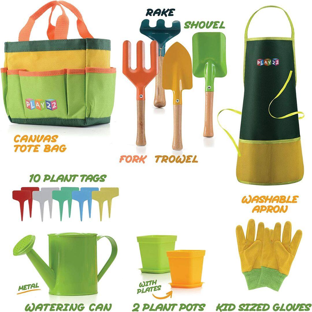 - Canvas Tote Bag
- Rake
- Shovel
- Fork Trowel
- Washable Apron
- 10 Plant Tags
- Metal Watering Can
- 2 Plant Pots with Plates
- Kid Sized Gloves