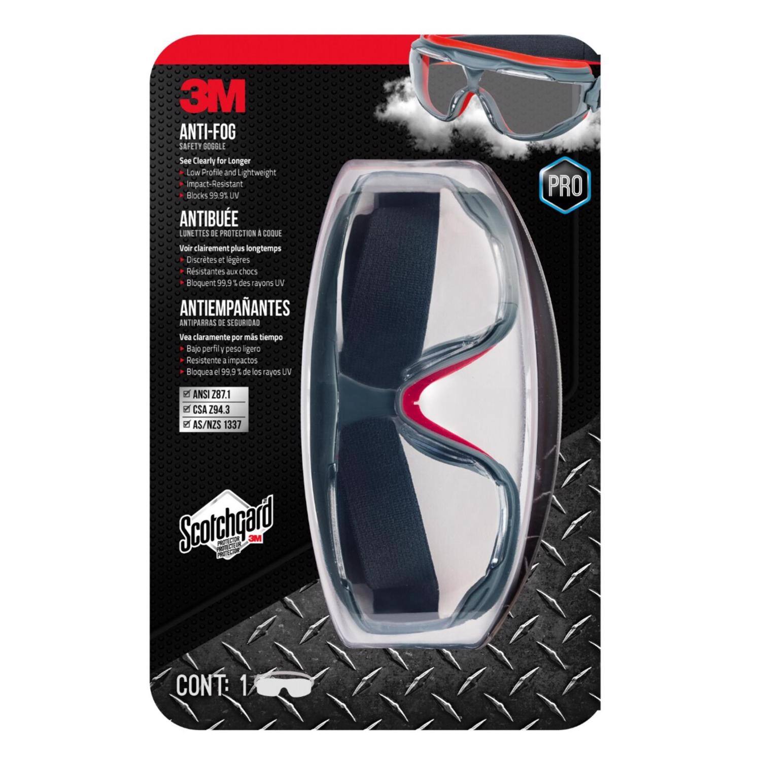 3M ANTI-FOG SAFETY GOGGLE  
See Clearly for Longer  
Low Profile and Lightweight  
Impact-Resistant  
Blocks 99.95% UV  

ANTIBUÉE  
LUNETTES DE PROTECTION  
Voir clairement plus longtemps  
Discrètes et légères  
Résistantes aux chocs  
Bloquent 99.9% des rayons UV  

ANTIEMPAÑANTES  
ANTIPARRAS DE SEGURIDAD  
Vea claramente por más tiempo  
Bajo perfil y peso ligero  
Resistente a impactos  
Bloquea el 99.9% de los rayos UV  

PRO  
ANSI Z87.1  
CSA Z94.3  
AS/NZS 1337  
Scotchgard  
CONT: 1