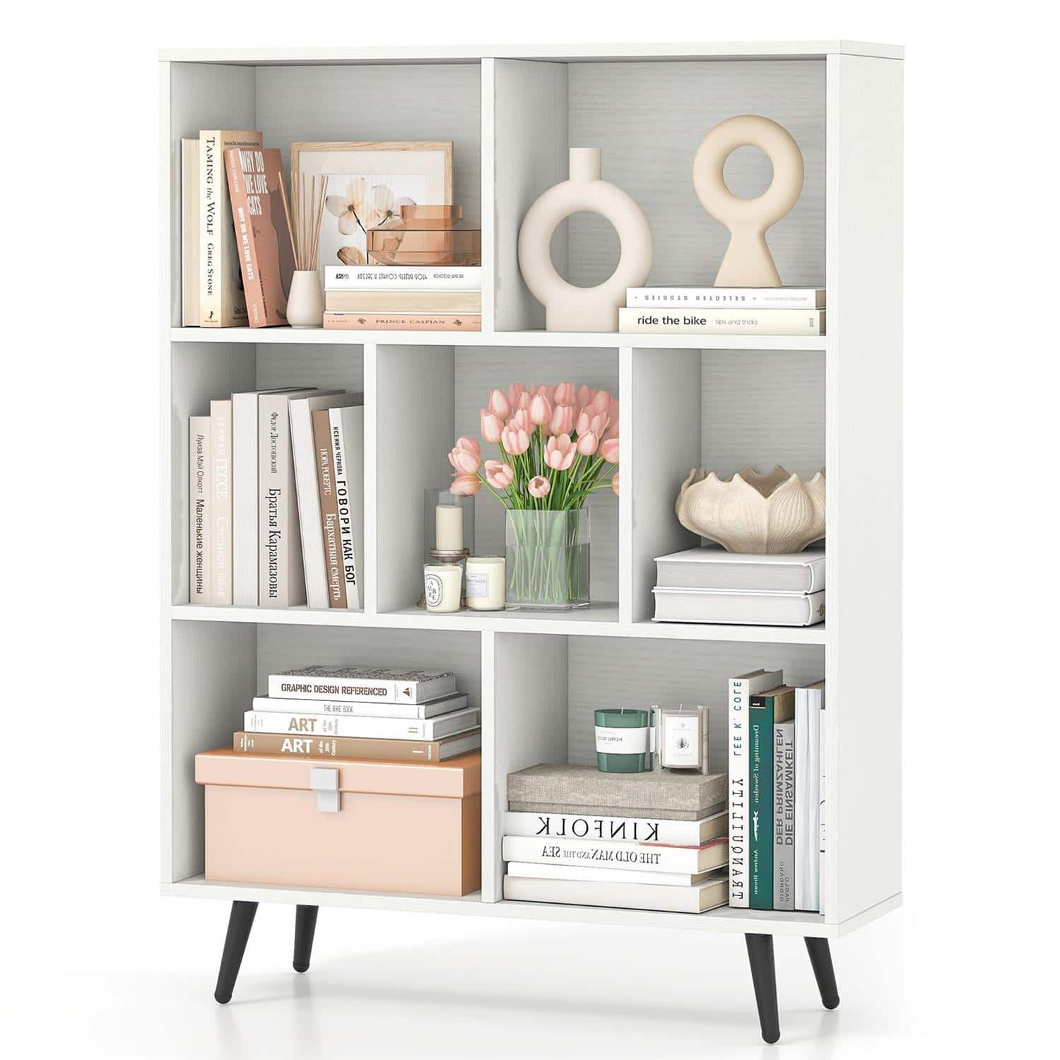 Pefilos - 7-Cube Bookcase - 5 Tapered Metal Legs Anti-Tip, Durable Multi-Purpose Storage - White