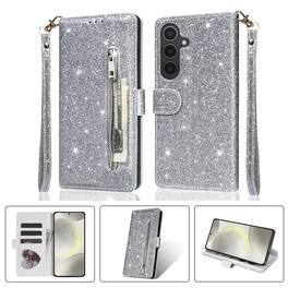 Dteck - for Samsung Galaxy A26 Glitter PU Leather Phone Case,Shockproof Folio Flip Wallet Cover with Zipper Pocket & Lanyard - Silver