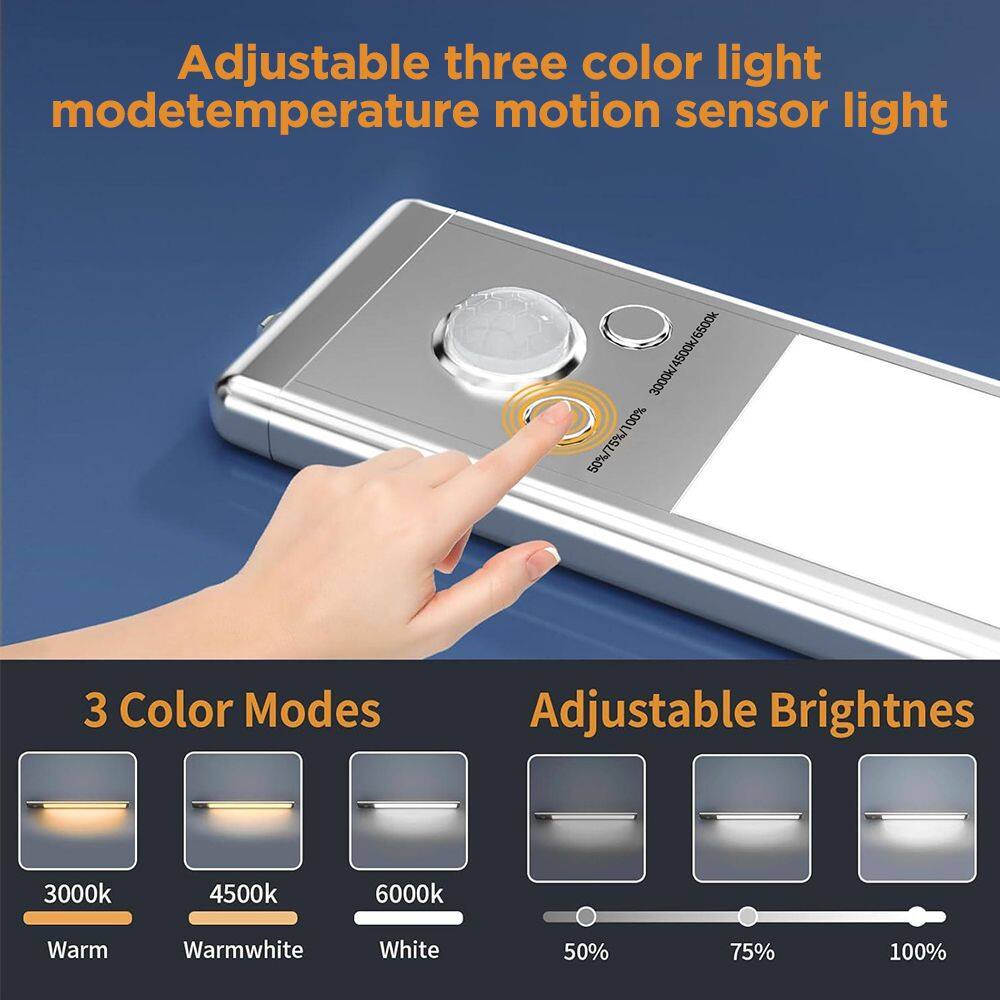 Adjustable three color light mode temperature motion sensor light 6500k 3000k/4500k/6500k 4500k 3000k 50%/75%/100% 3 Color Modes Adjustable Brightness 3000k 4500k 6000k Warm Warmwhite White 50% 75% 100%