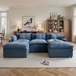 Ovios - 3 Seat Sofa Couch L Shaped Chenille Cloud Couch Oversized Modern Sofa with Ottoman for Living Room - Blue