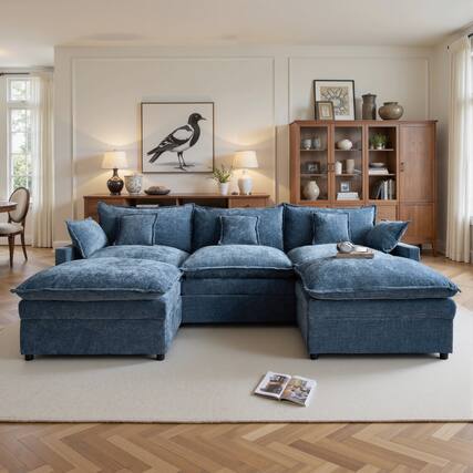 Front. Ovios - 3 Seat Sofa Couch L Shaped Chenille Cloud Couch Oversized Modern Sofa with Ottoman for Living Room - Blue.