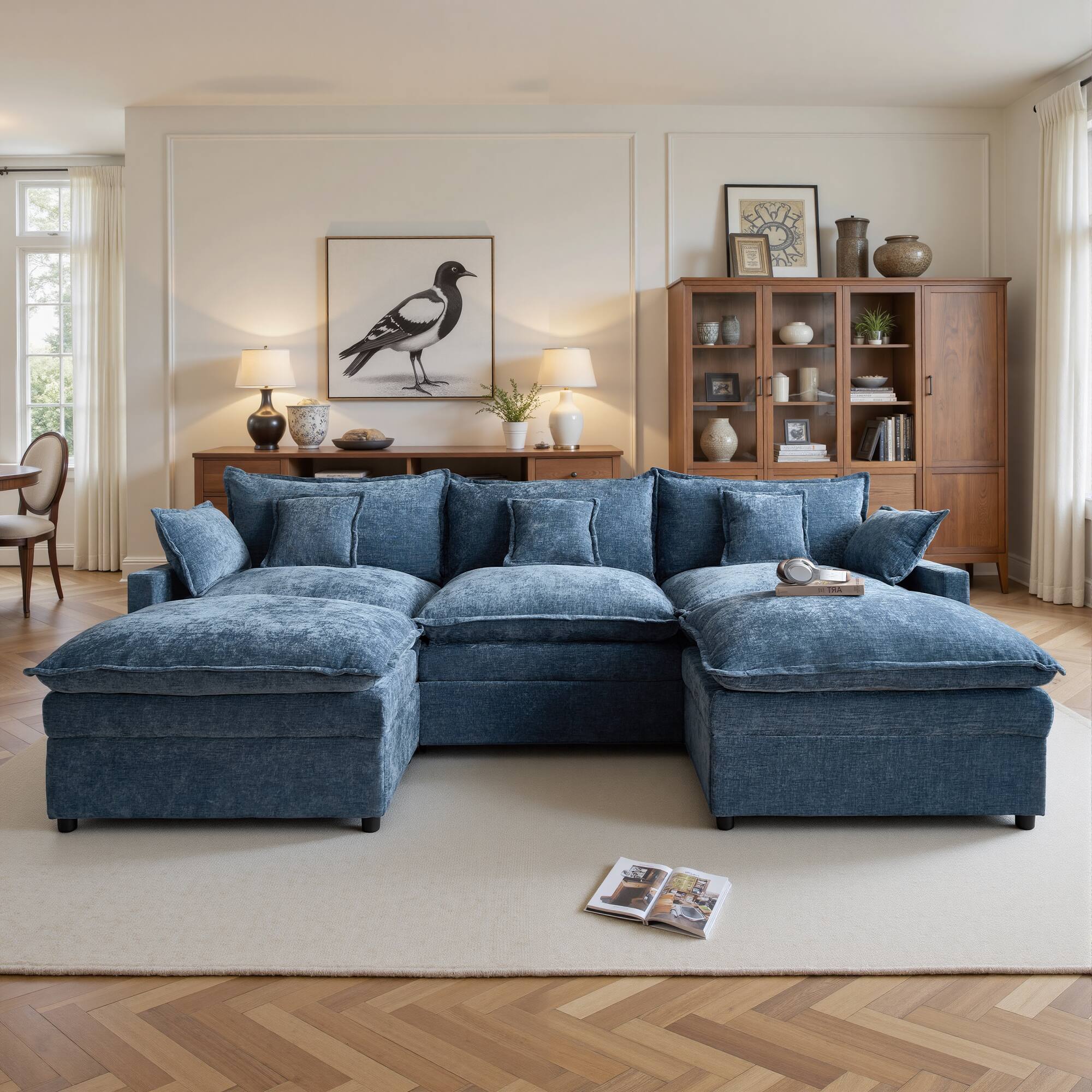 Front. Ovios - 3 Seat Sofa Couch L Shaped Chenille Cloud Couch Oversized Modern Sofa with Ottoman for Living Room - Blue.