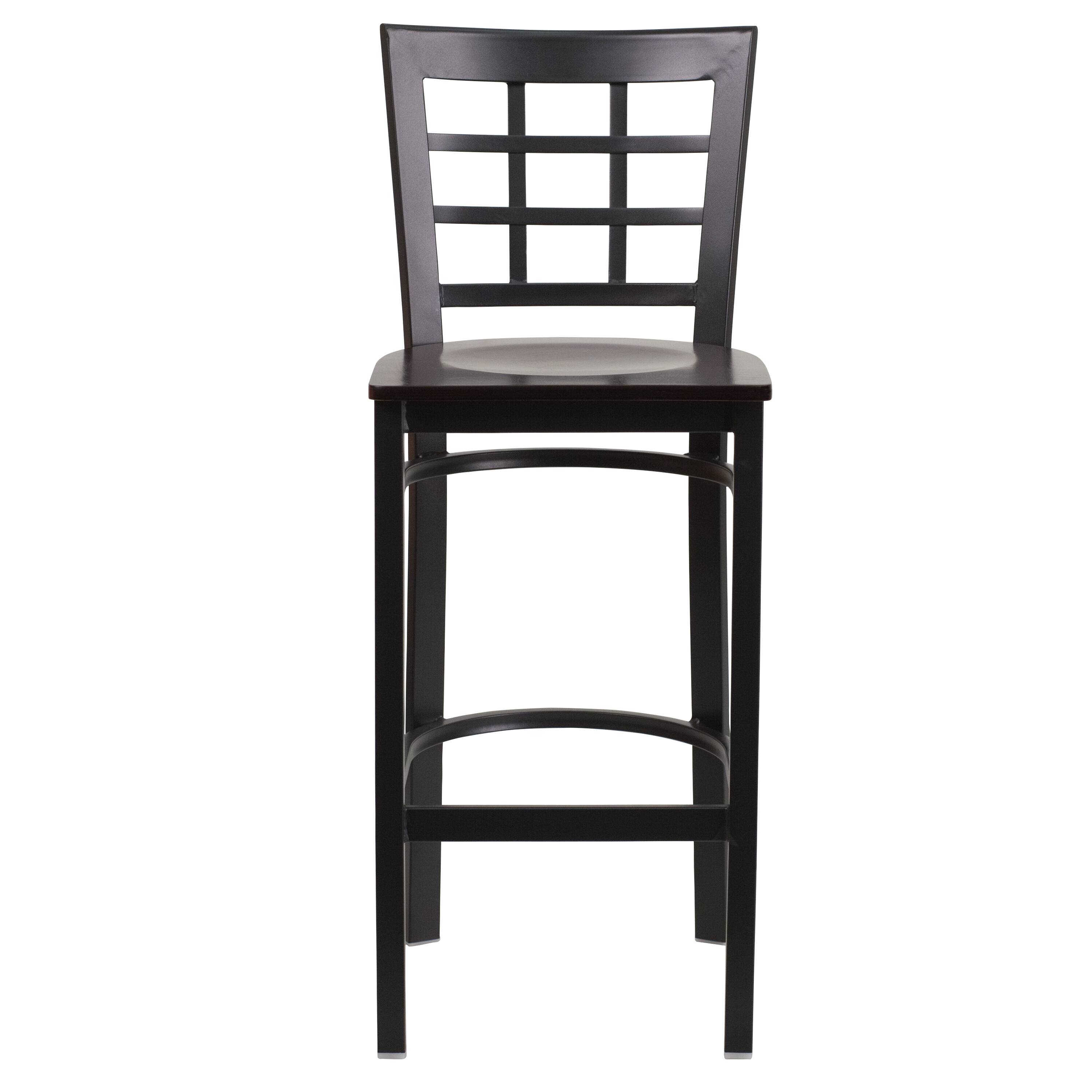 Alt View 5. Emma + Oliver - Window Back Metal Restaurant Dining Barstool - Walnut Wood Seat/Black Metal Frame.