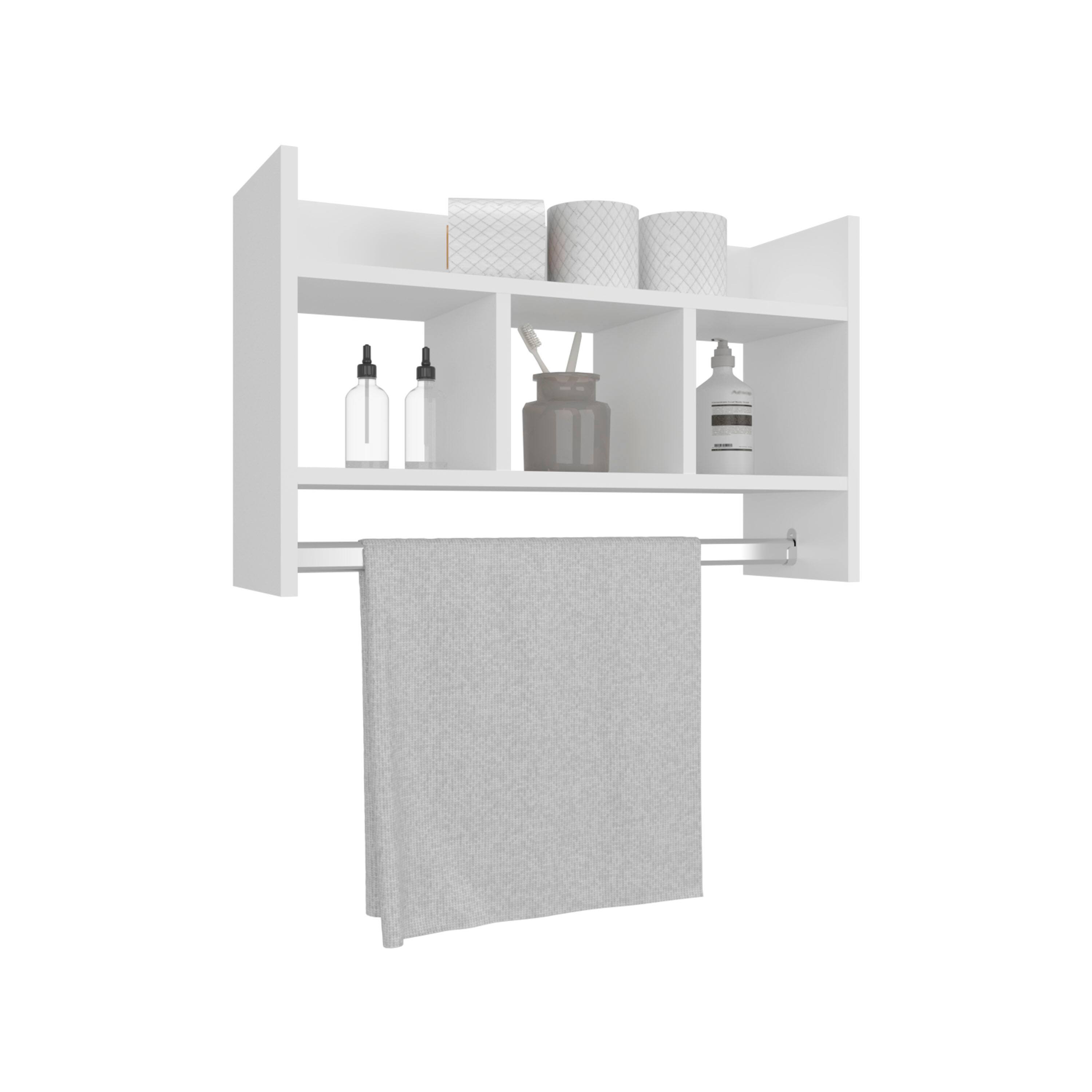 Alt View 2. TuHome - Bathroom Wall Shelf with Towel Bar, Compact Storage With A Wide Upper Shelf, Three Comapct Middle Shelves. - White.