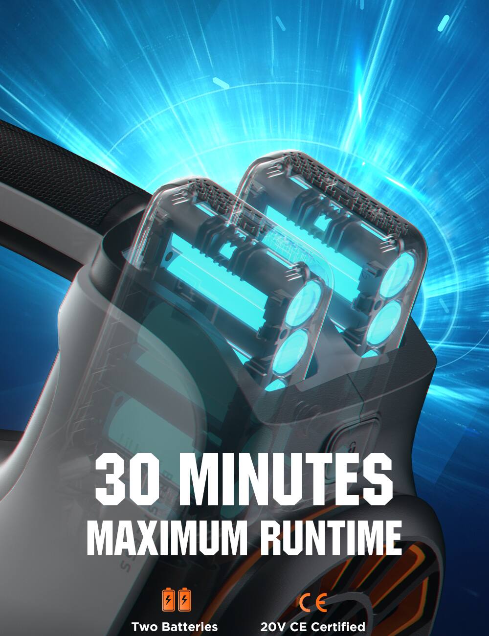 30 MINUTES MAXIMUM RUNTIME, Two Batteries, 20V CE Certified