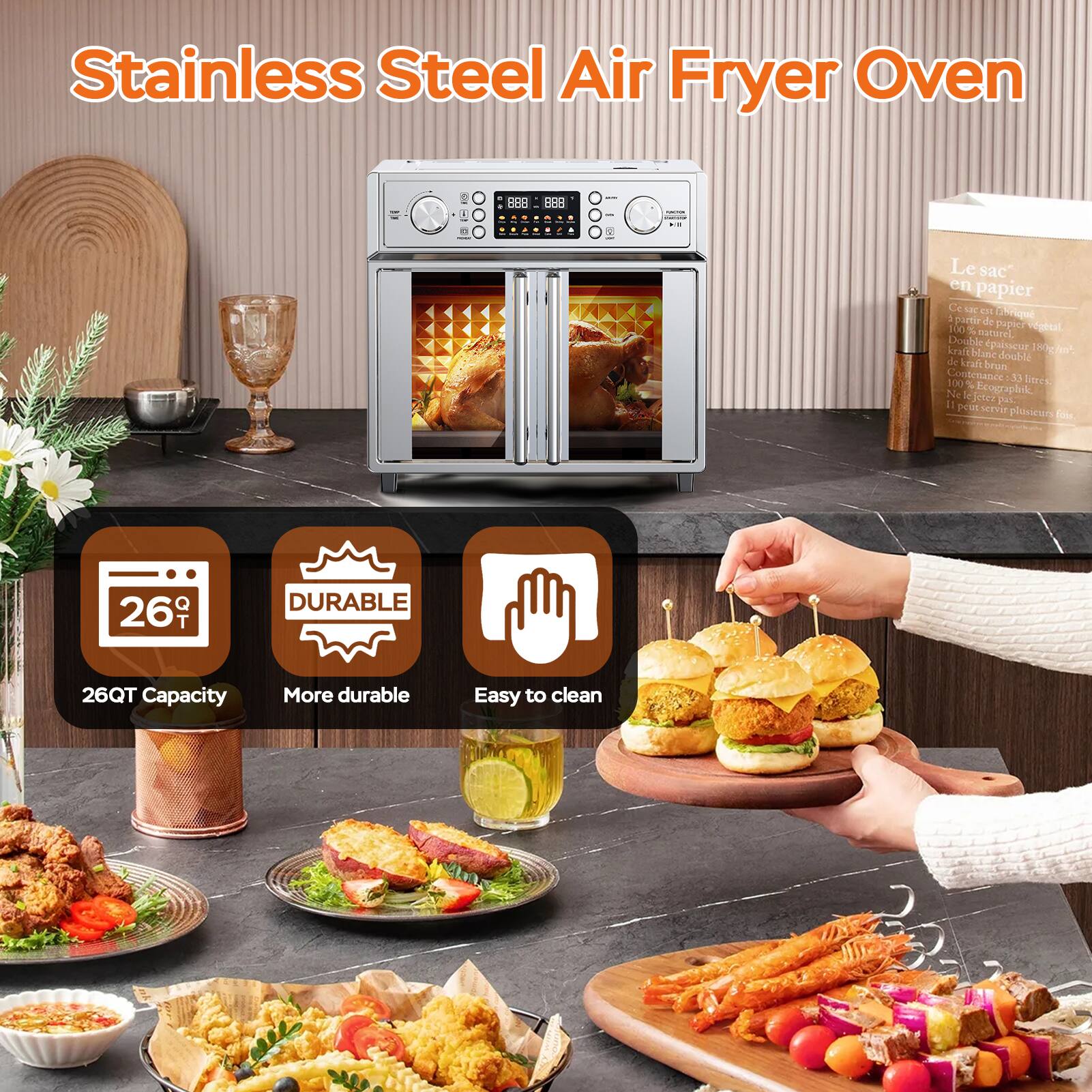 Stainless Steel Air Fryer Oven

- 26QT Capacity
- More durable
- Easy to clean

Le sac en papier
Ce sac est fait de kraft brun 100% naturel
Double épaisseur kraft brun
Contenance 33 litres
100% Ecographik
100% Recyclable
100% Biodegradable
100% Compostable
Lejetez P1. pot r plovicu F 26 T