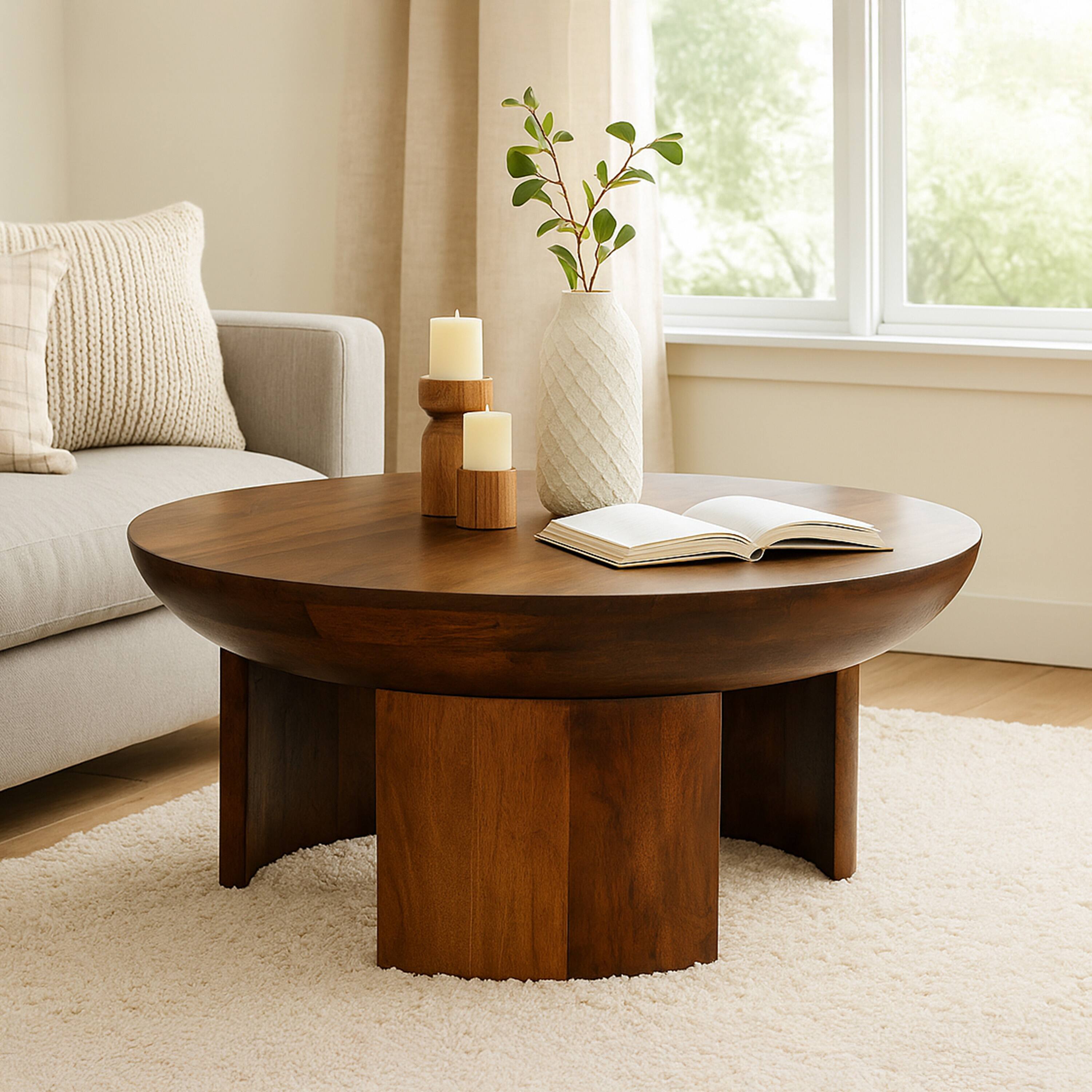 Alt View 7. Manhattan Lane - 35 Inch Coffee Table, Handcrafted Round Mango Wood Top, Modern Curved Tripod Legs - Brown.
