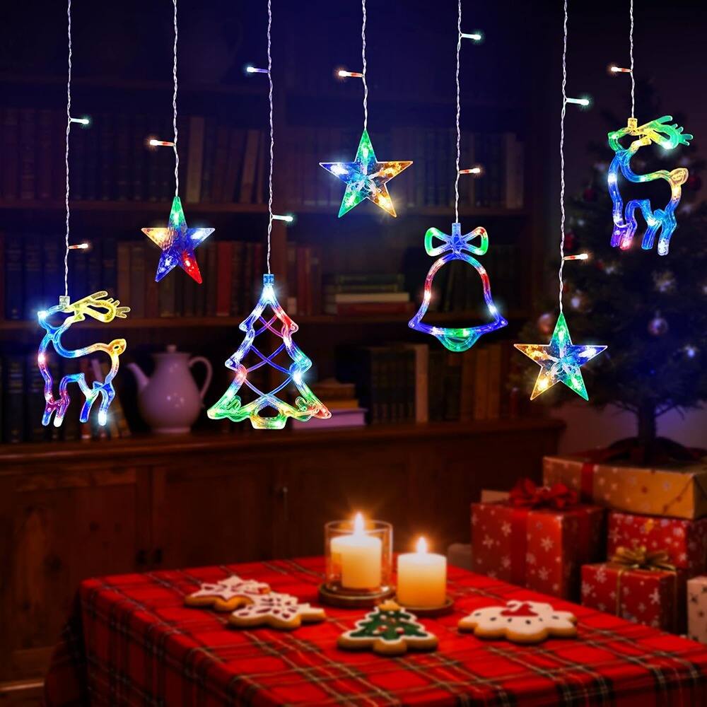 Left. MOSZAR LLC - 120-LED Colorful Christmas Curtain Lights 9.84ft Tree, Bell & Star.