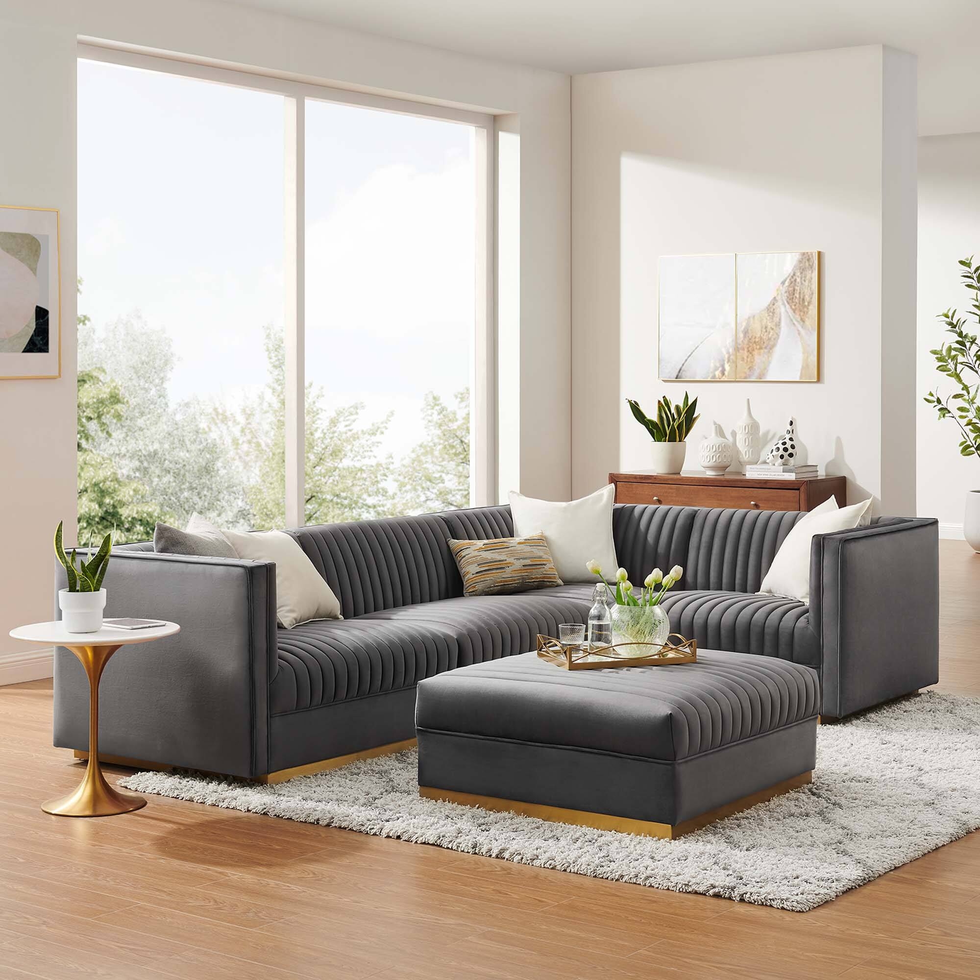 Alt View 10. Modway - Sanguine 5-Piece Channel Tufted Performance Velvet Right-Facing Modular Sectional Sofa by Modway - Gray.
