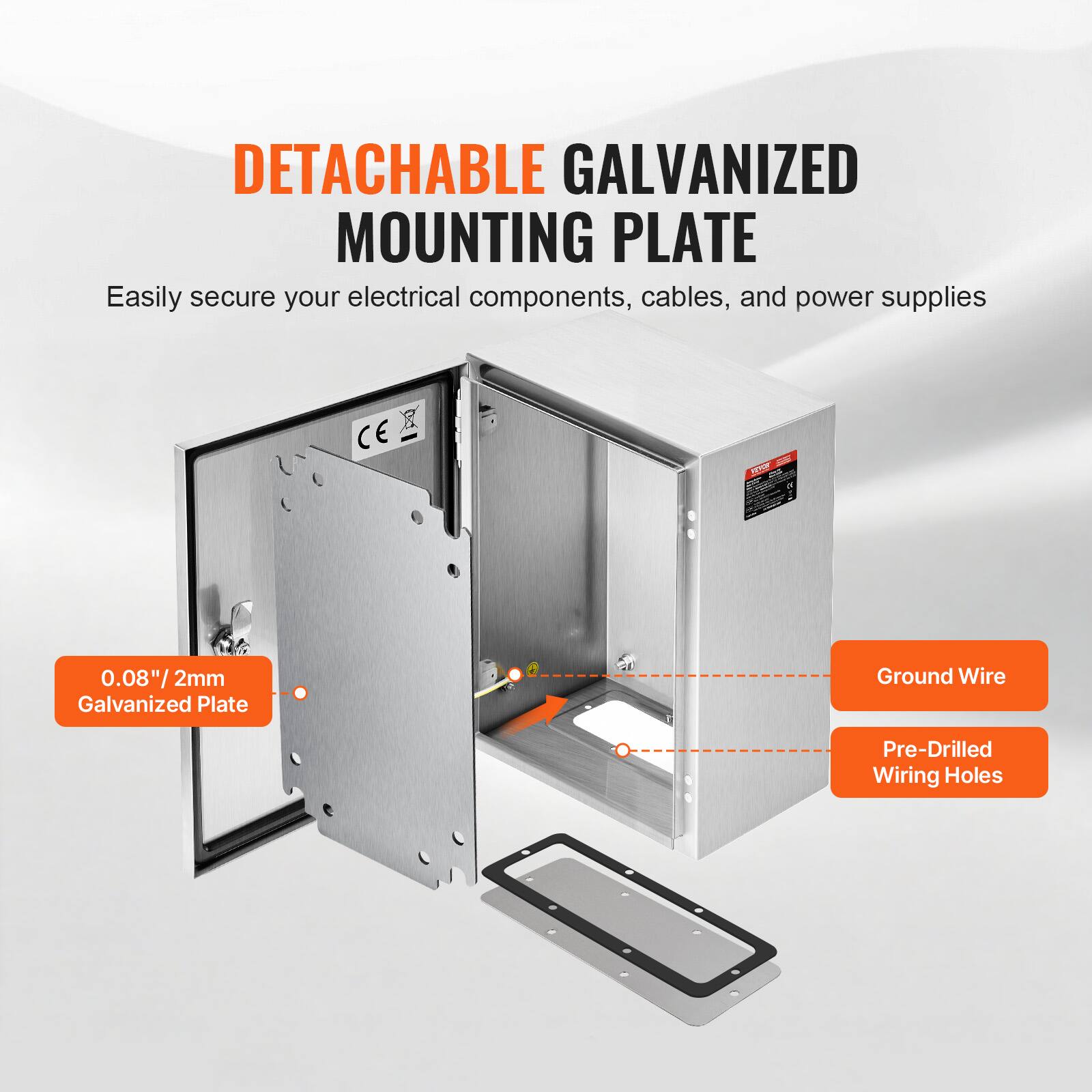 DETACHABLE GALVANIZED MOUNTING PLATE

Easily secure your electrical components, cables, and power supplies

- 0.08"/2mm Galvanized Plate
- Ground Wire
- Pre-Drilled Wiring Holes
