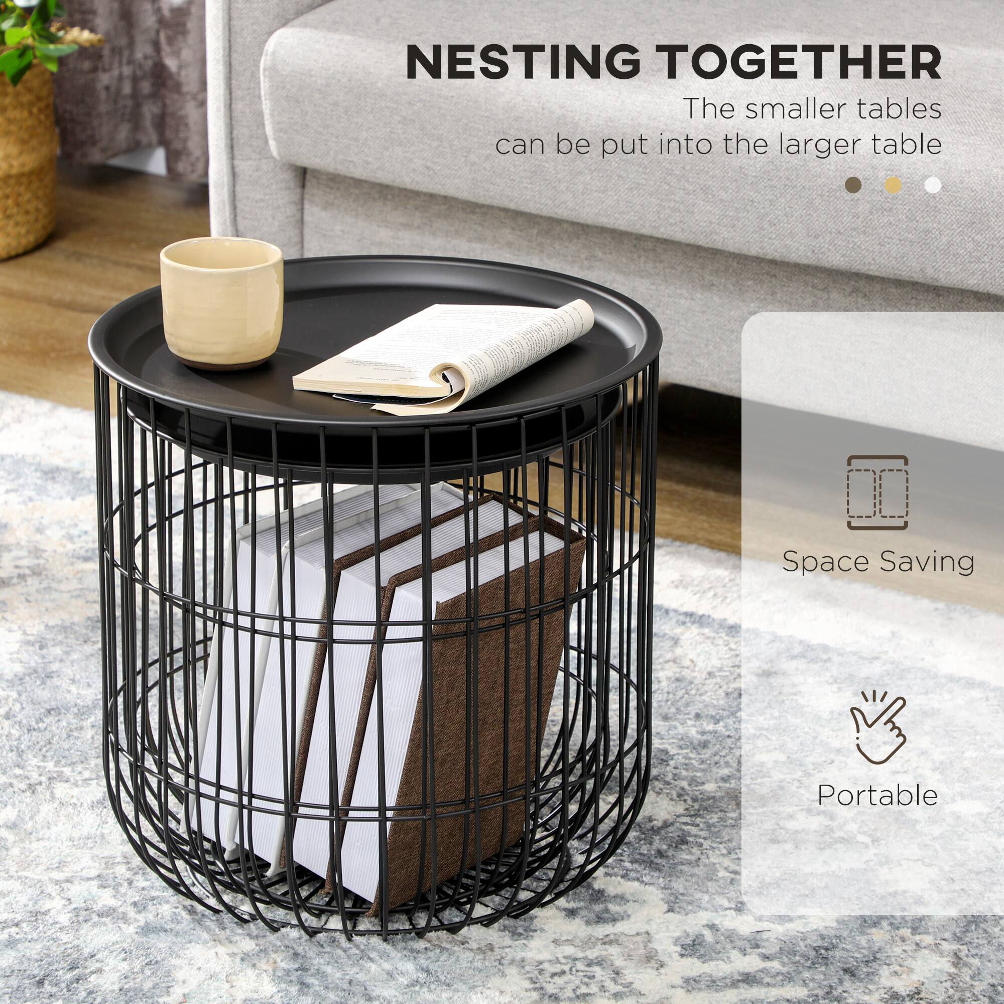 NESTING TOGETHER  
The smaller tables can be put into the larger table  

Space Saving  
Portable