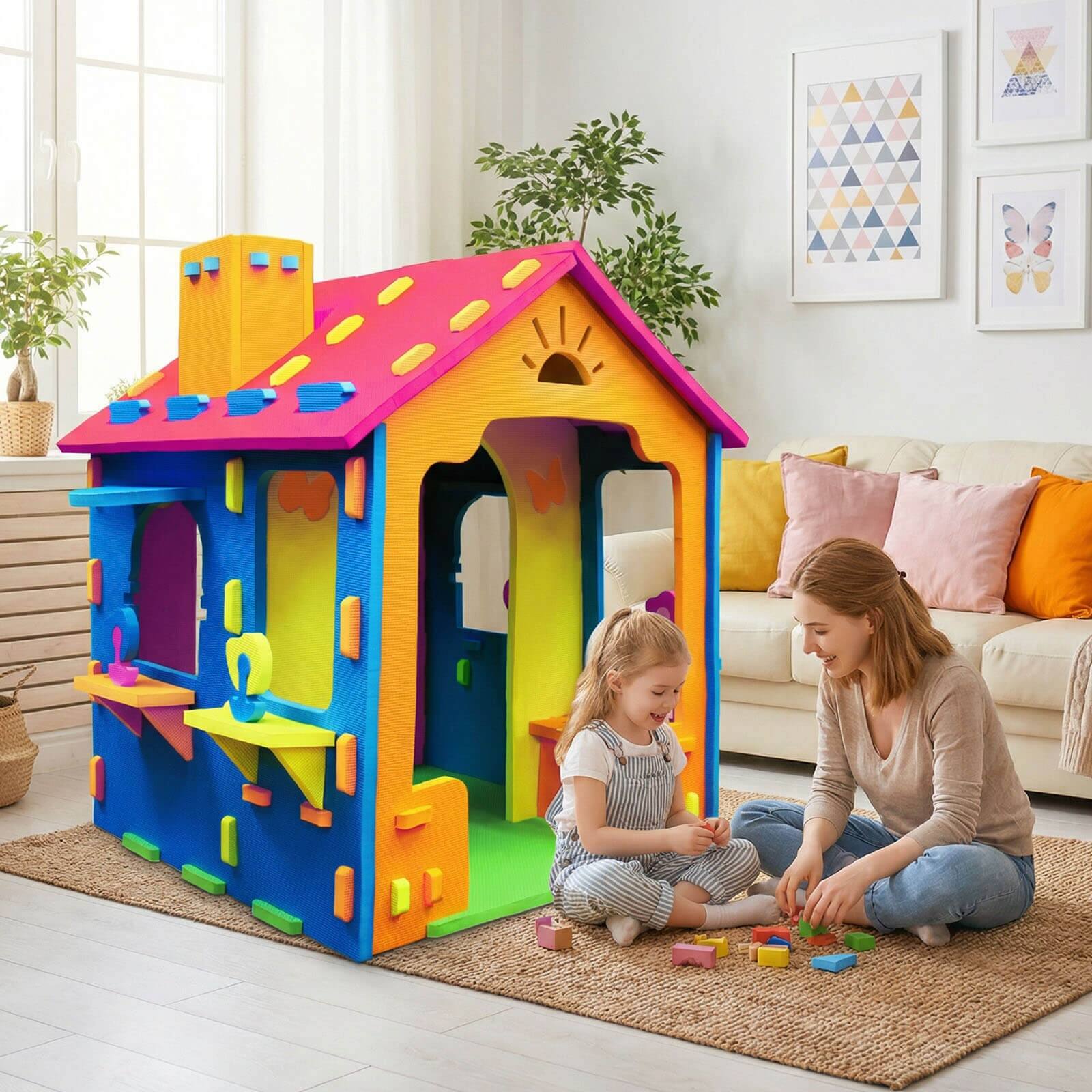 Alt View 4. Costway - Costway Kids EVA Foam Playhouse with Roof, Chimney, Windows & Doorways for Creative Play - Multicolor.