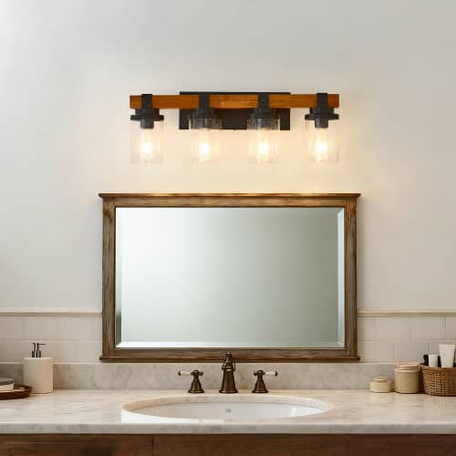 LUCKY ONE - 4-Light Matte Black Wood Wall Lamp, Glass Shade Sconce for Bathroom or Bedroom Wall Mount - Matte Black,Wood
