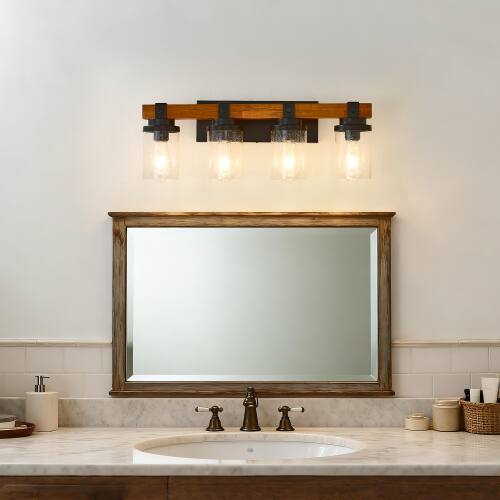 Front. LUCKY ONE - 4-Light Matte Black Wood Wall Lamp, Glass Shade Sconce for Bathroom or Bedroom Wall Mount - Matte Black,Wood.