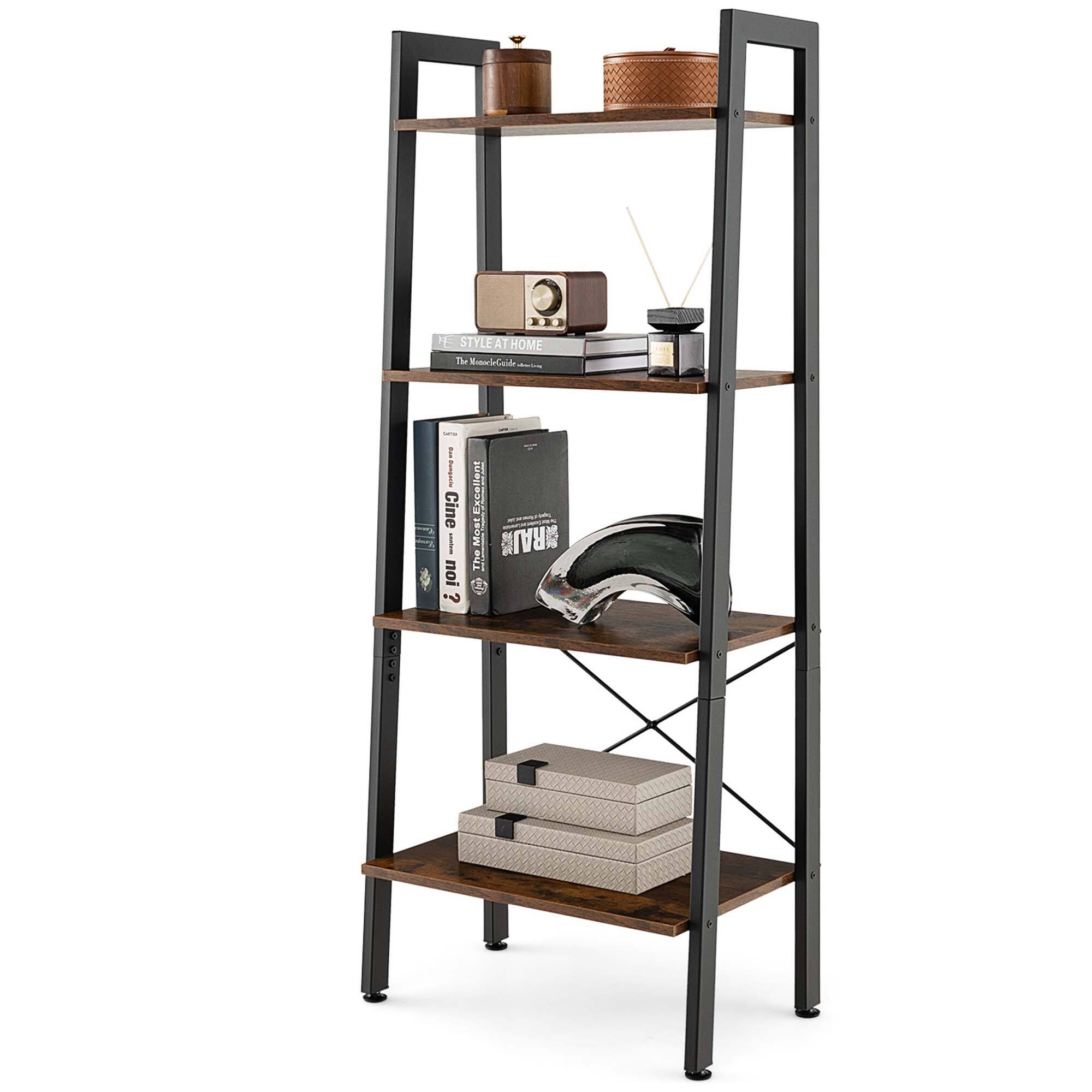 Costway - 4-Tier Bookshelf Industrial Display Storage Shelf Plant Flower Stand Metal Frame - Rustic Brown