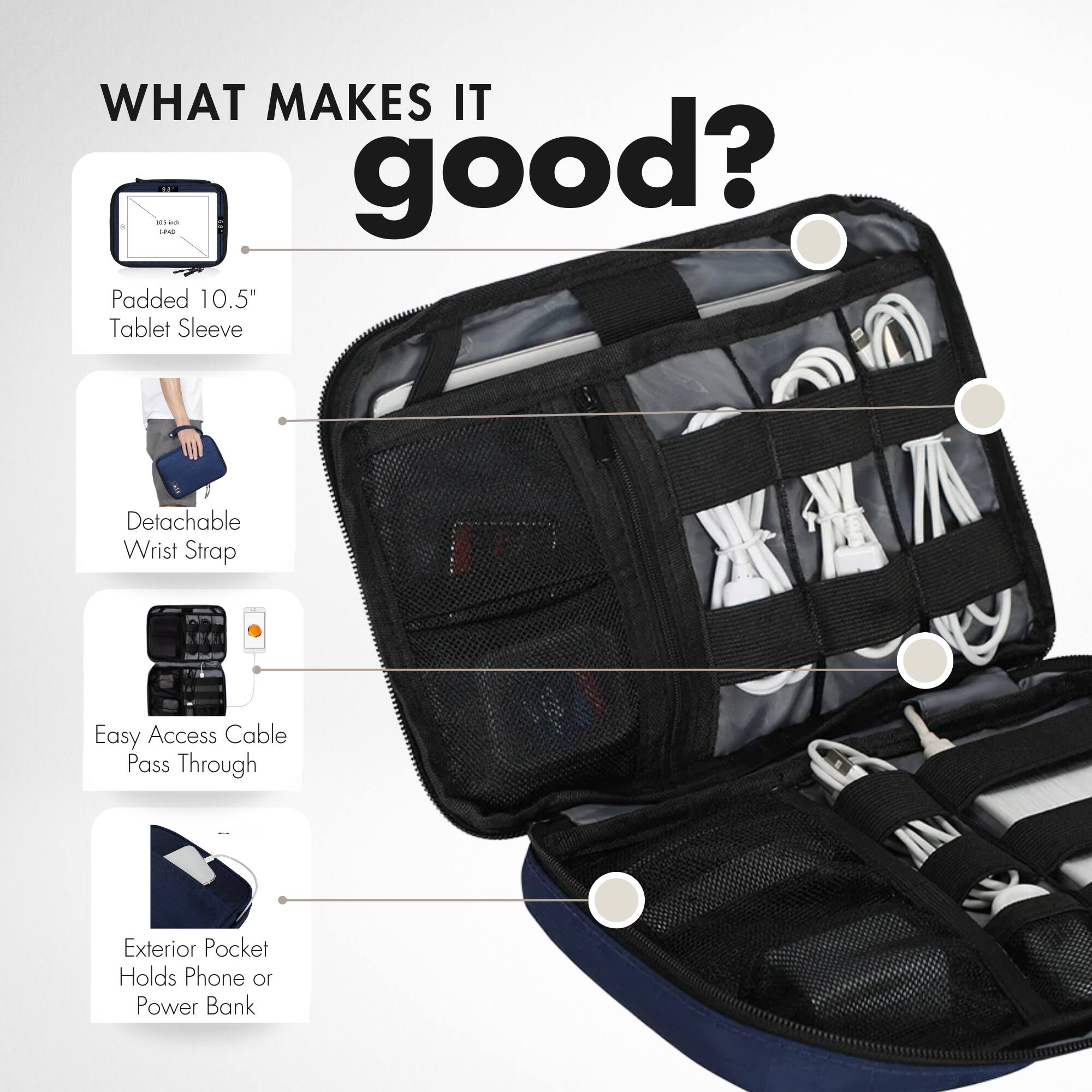 WHAT MAKES IT good?

- Padded 10.5" Tablet Sleeve
- Detachable Wrist Strap
- Easy Access Cable Pass Through
- Exterior Pocket Holds Phone or Power Bank