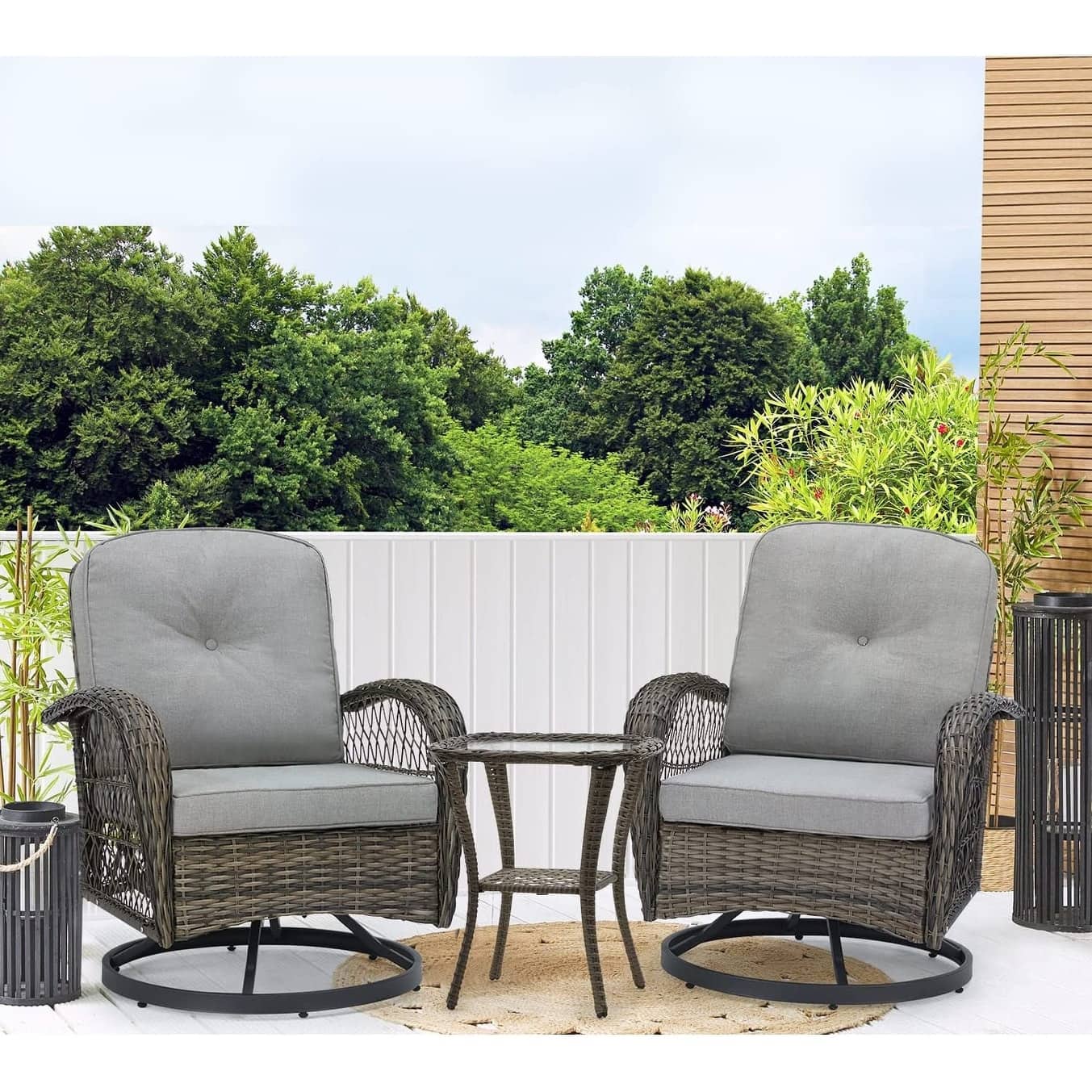 U-HOMY - Outdoor Swivel Rocking Chair Set with Glass Table - Gray