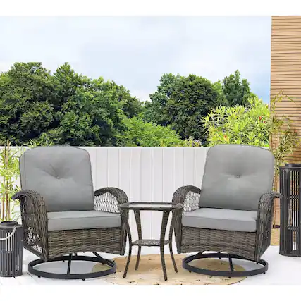 Front. U-HOMY - Outdoor Swivel Rocking Chair Set with Glass Table - Grey.
