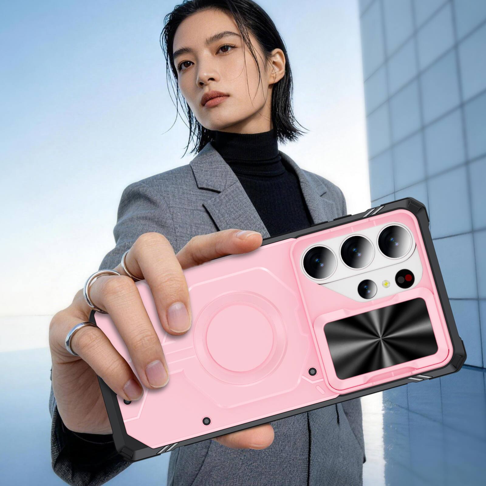 Left. Dteck - Shockproof Magnetic Hybrid Protective Case for Samsung Galaxy S26 Ultra with Slide Camera Cover, Side Anti-Slip Texture - Pink.