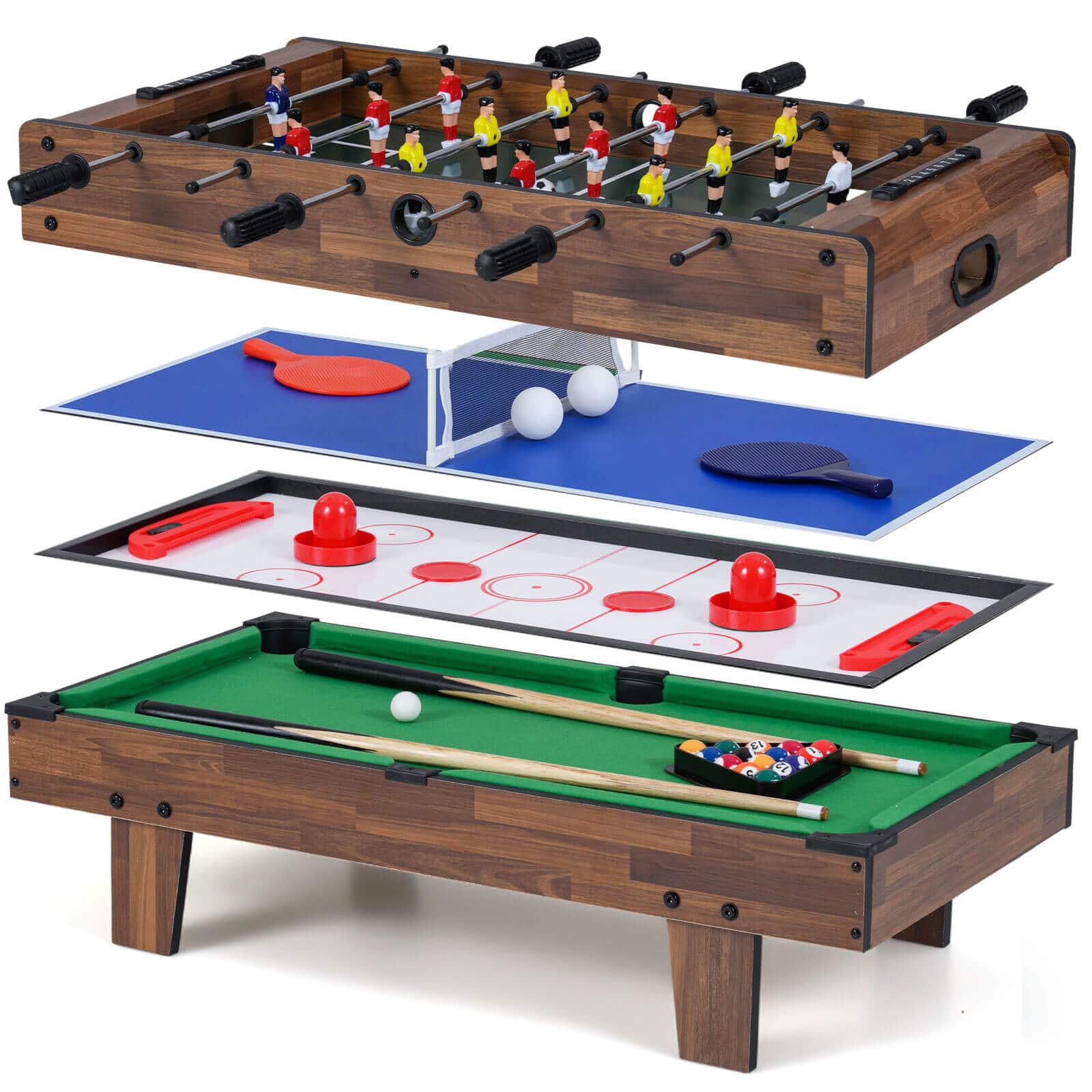Costway - 4 in 1 Multi Game Table with Stackable Tabletops of Billiards, Air Hockey, Foosball - Natural