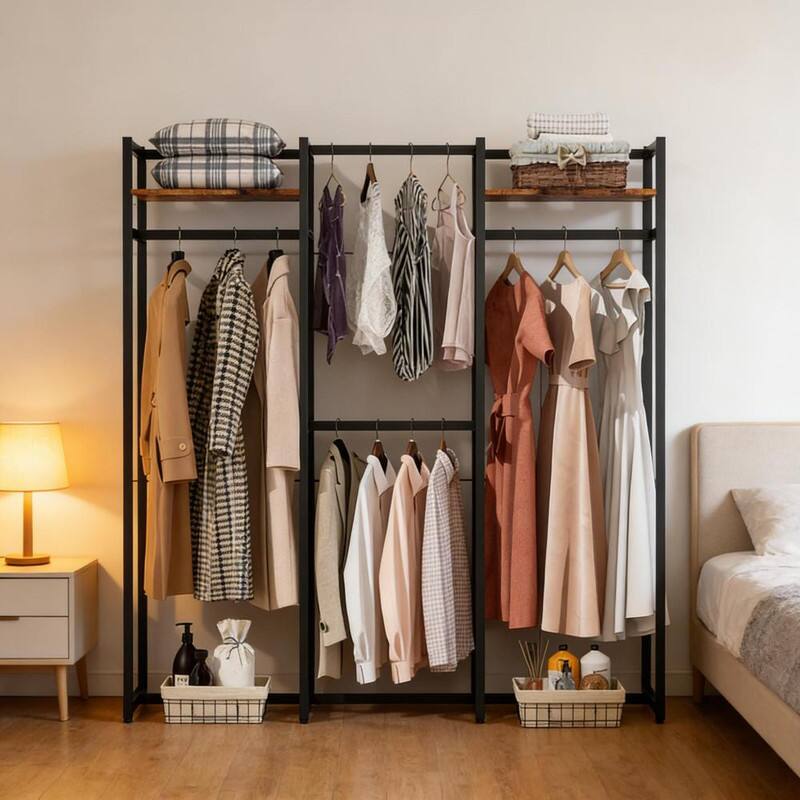 Angle. ALEXOUN - Portable Wardrobe Rack - 70" High Closet Organizer, 500 lbs Metal Frame, 4 Hanging Rods & 2 Shelves,Adjustable Feet,1pc - Black.
