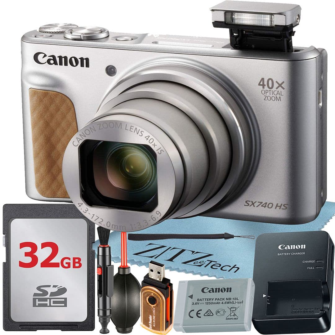 Canon - PowerShot SX740 HS Digital Camera with 32GB Card + ZeeTech Starter Bundle (International Version) - Silver