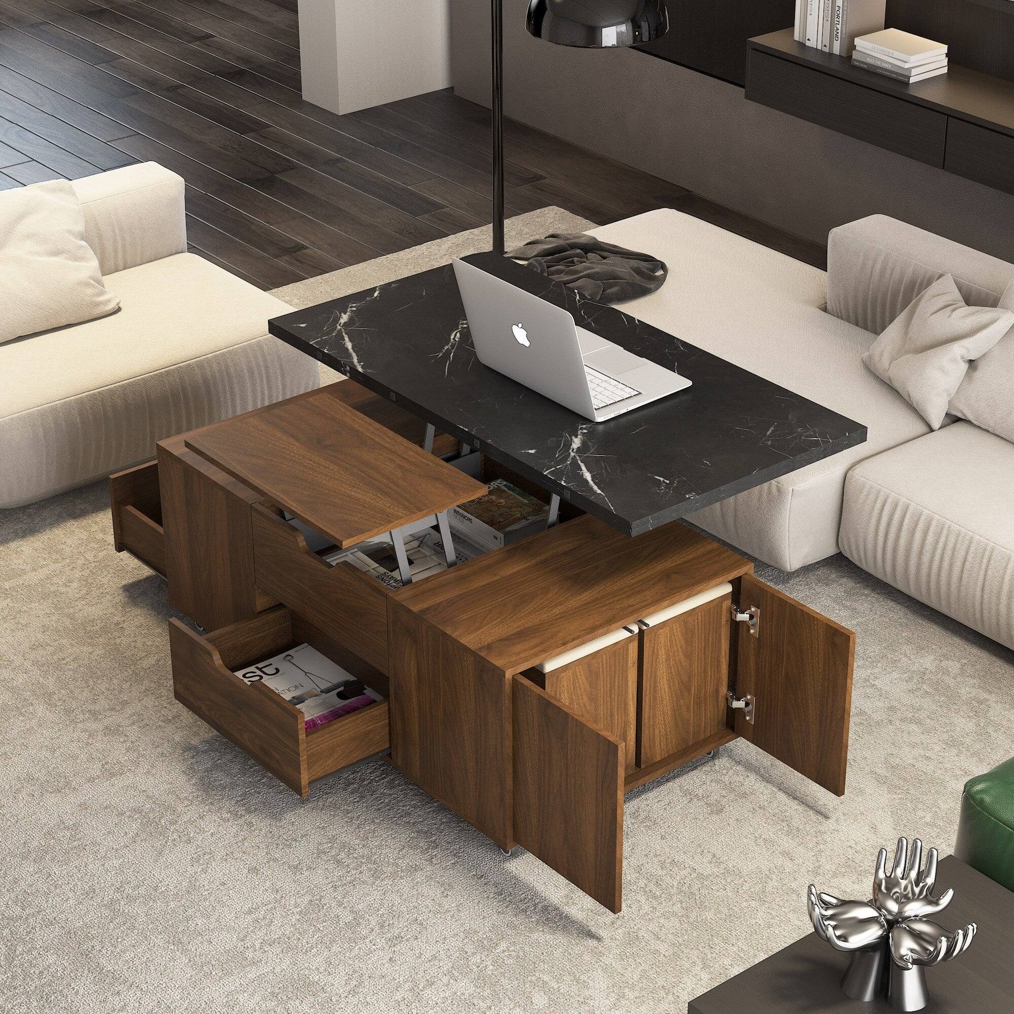 Alt View 2. Boyel Living - Modern Lift Up Coffee Table with Storage Stools - Black+Wood.