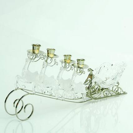 Front. Sterling - 20" Clear and Gold Frosted Reindeer Pulled Sleigh Christmas Taper Candle Holder - Clear.